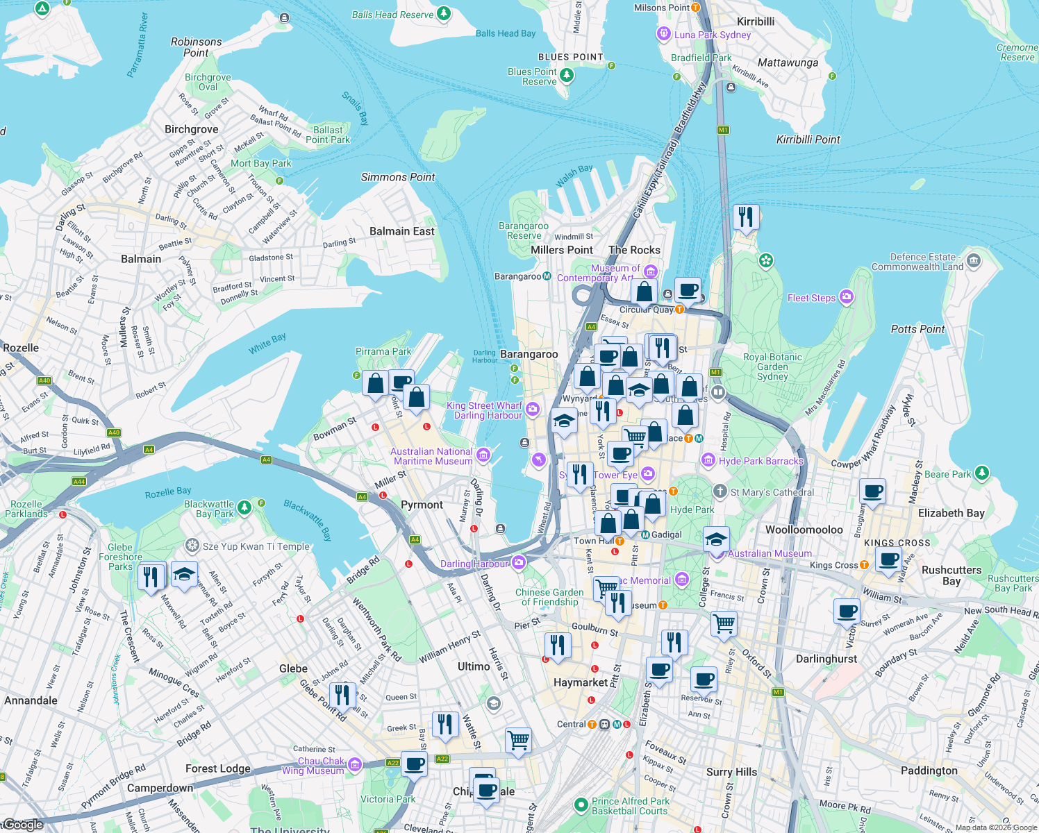 map of restaurants, bars, coffee shops, grocery stores, and more near Lime Street in Port Jackson