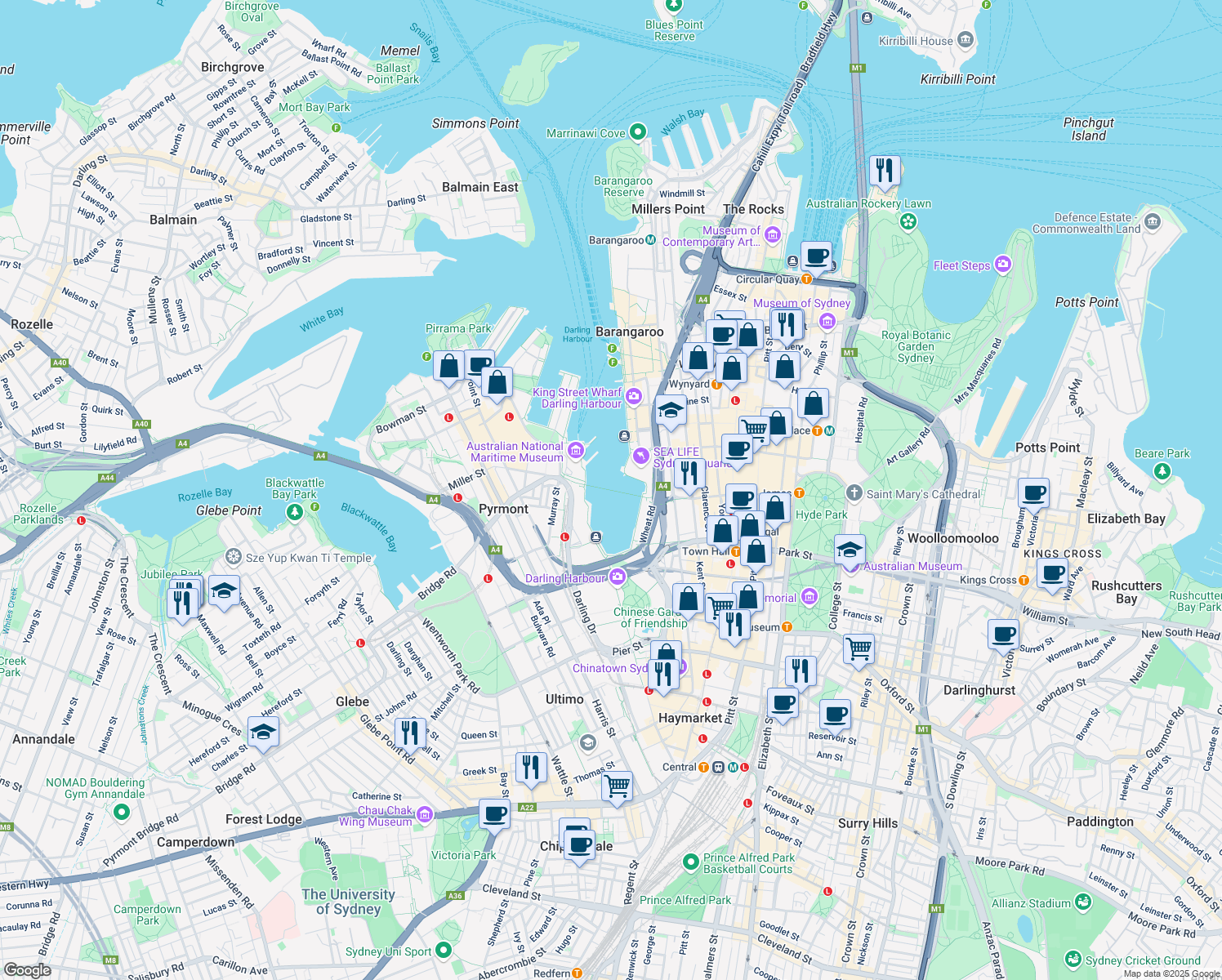 map of restaurants, bars, coffee shops, grocery stores, and more near Pyrmont Bridge in Sydney