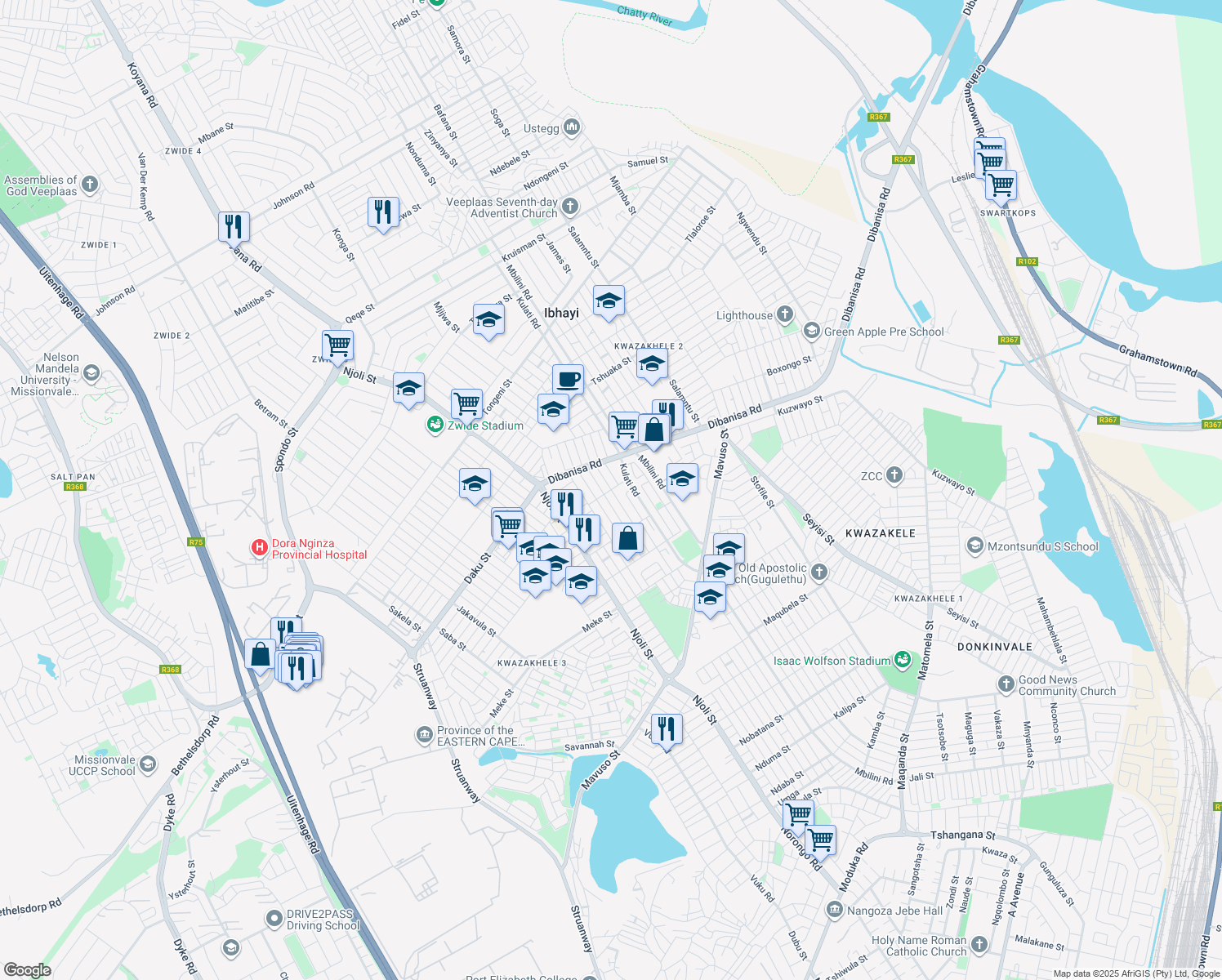 map of restaurants, bars, coffee shops, grocery stores, and more near Siwa Street in Ibhayi