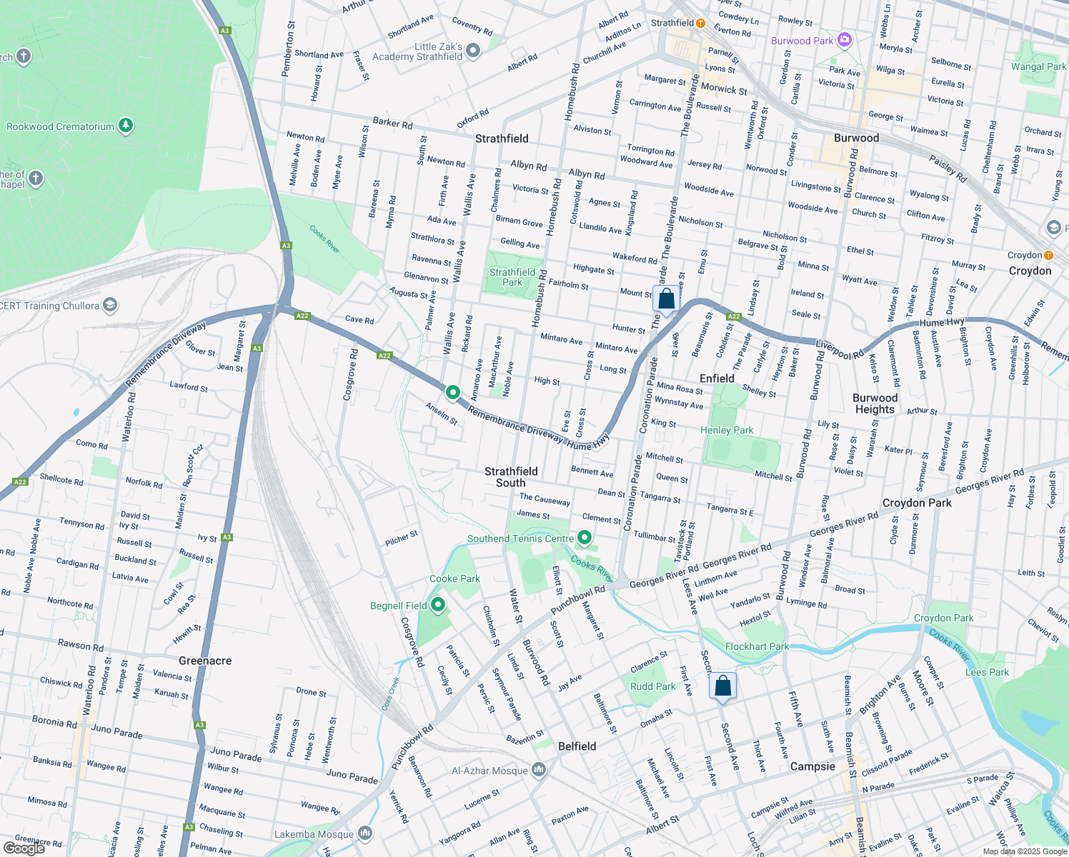map of restaurants, bars, coffee shops, grocery stores, and more near Liverpool Road in Strathfield