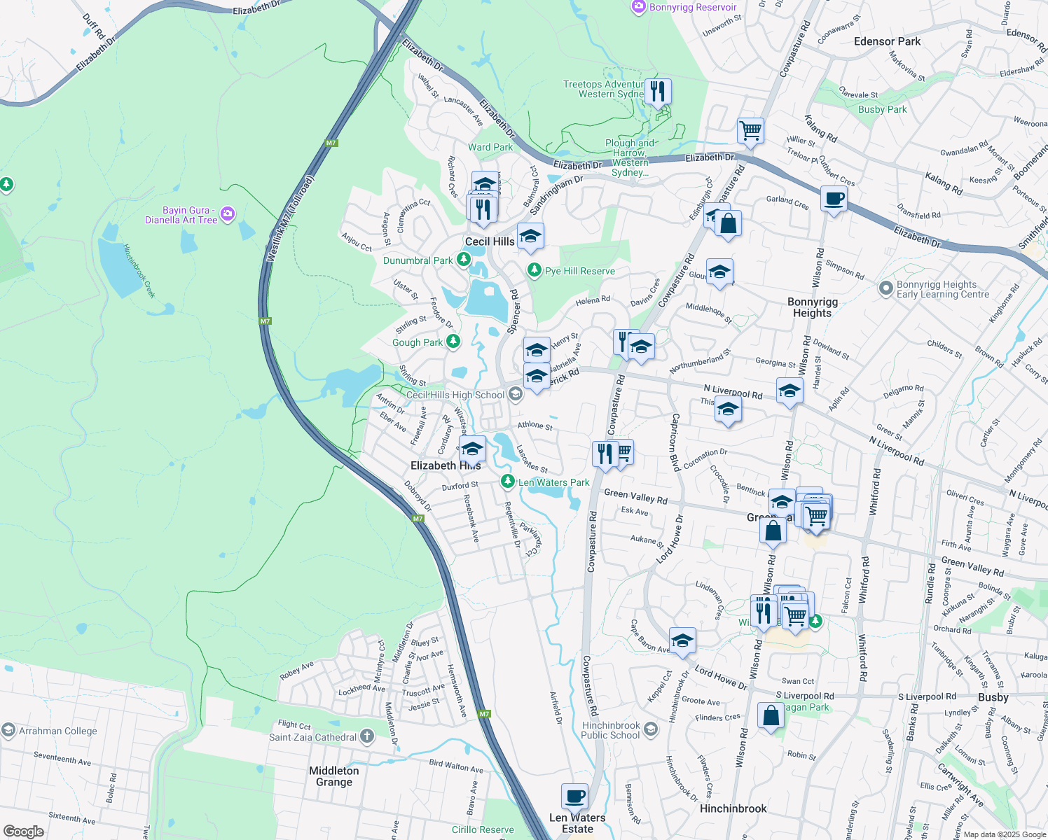 map of restaurants, bars, coffee shops, grocery stores, and more near 10 Athlone Street in Cecil Hills