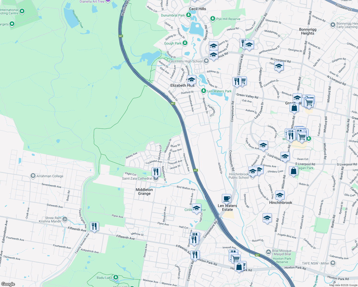 map of restaurants, bars, coffee shops, grocery stores, and more near 3 Bluey Street in Middleton Grange