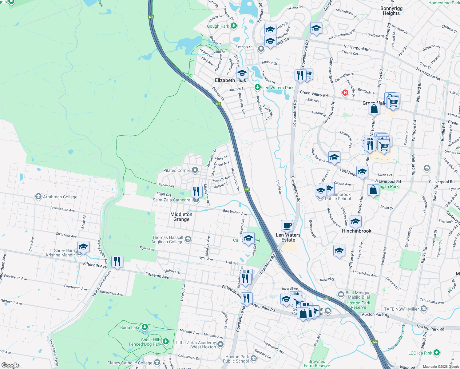 map of restaurants, bars, coffee shops, grocery stores, and more near 29 Jessie Street in Middleton Grange
