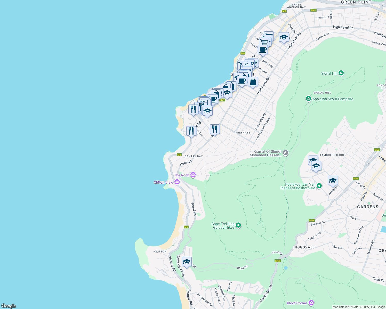 map of restaurants, bars, coffee shops, grocery stores, and more near 158 Kloof Road in Cape Town