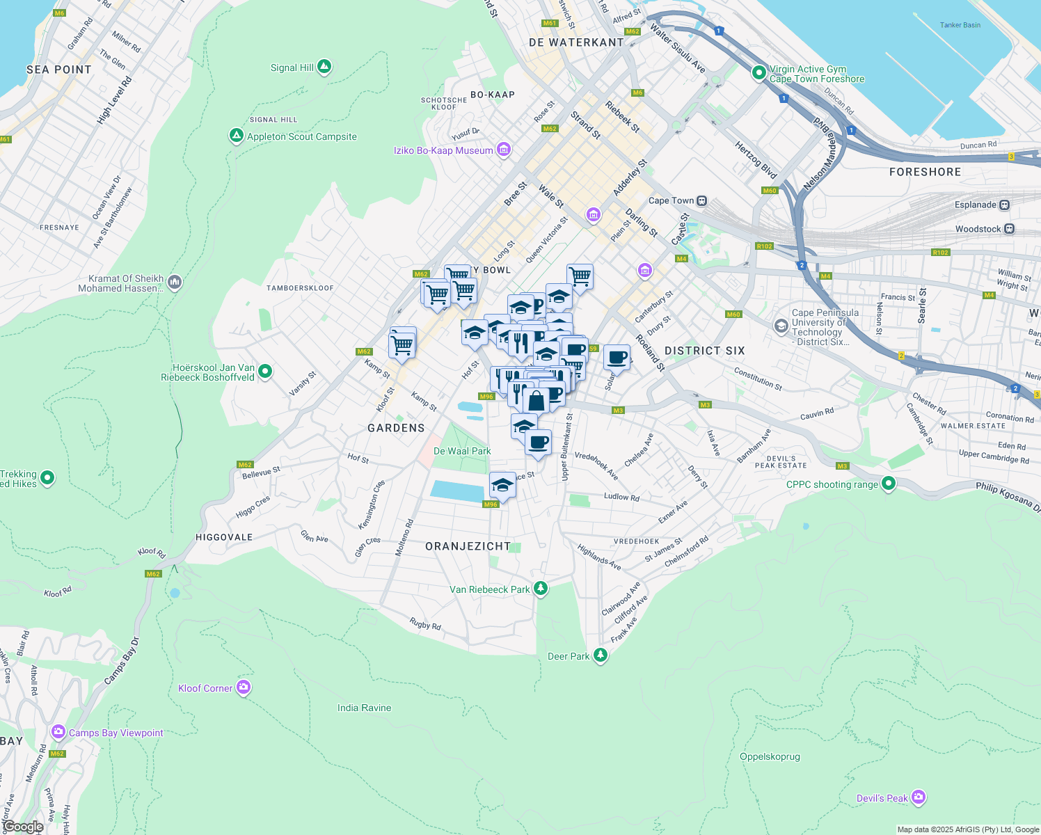 map of restaurants, bars, coffee shops, grocery stores, and more near 8 Breda Street in Cape Town