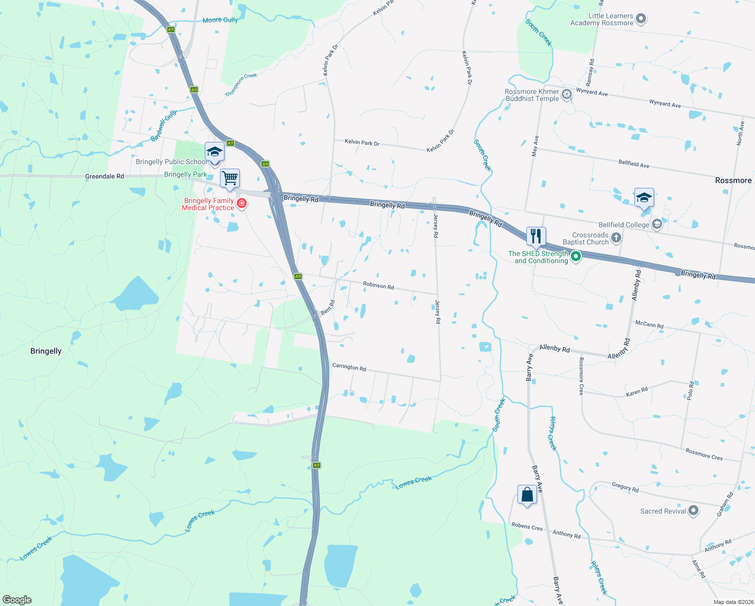 map of restaurants, bars, coffee shops, grocery stores, and more near 80 Robinson Road in Bringelly