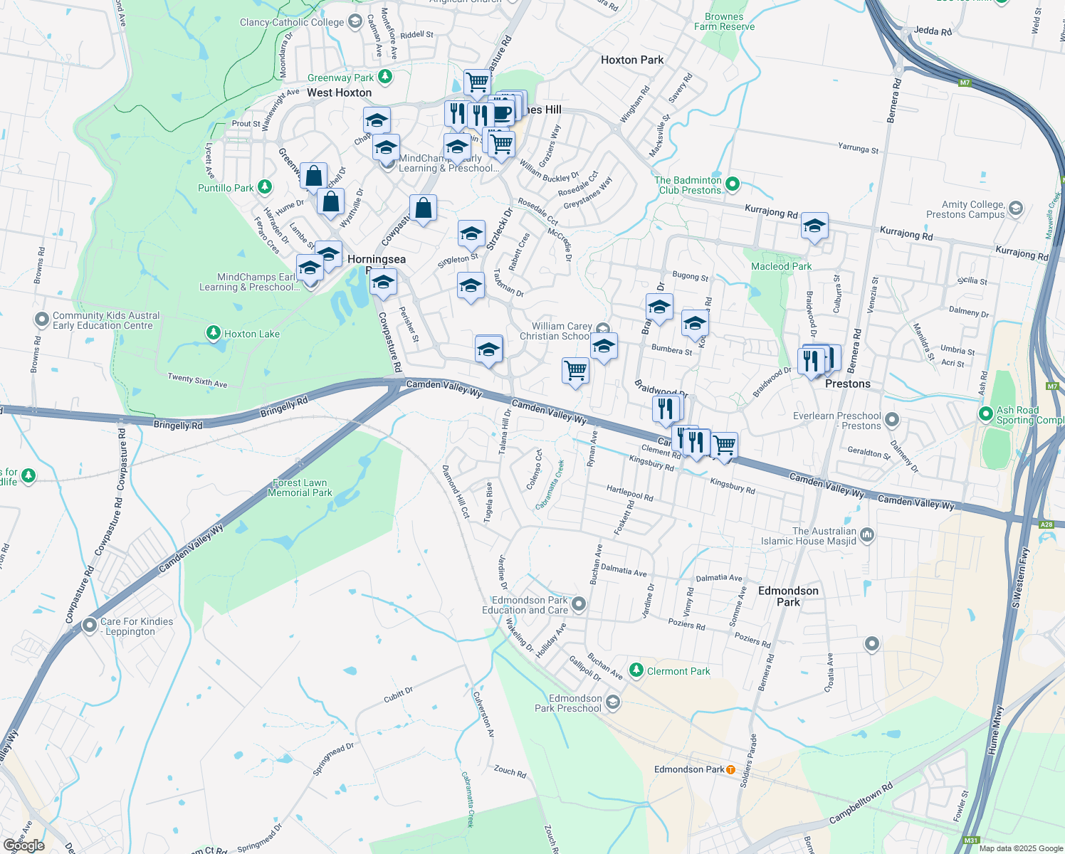 map of restaurants, bars, coffee shops, grocery stores, and more near 18 Sunday Circuit in Edmondson Park