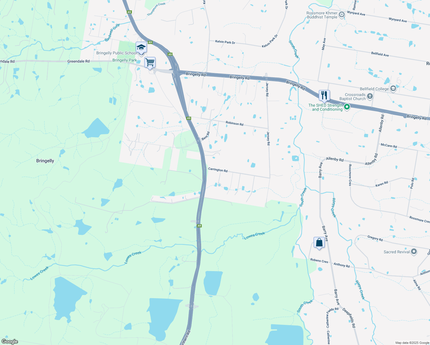 map of restaurants, bars, coffee shops, grocery stores, and more near 6 Carrington Road in Bringelly