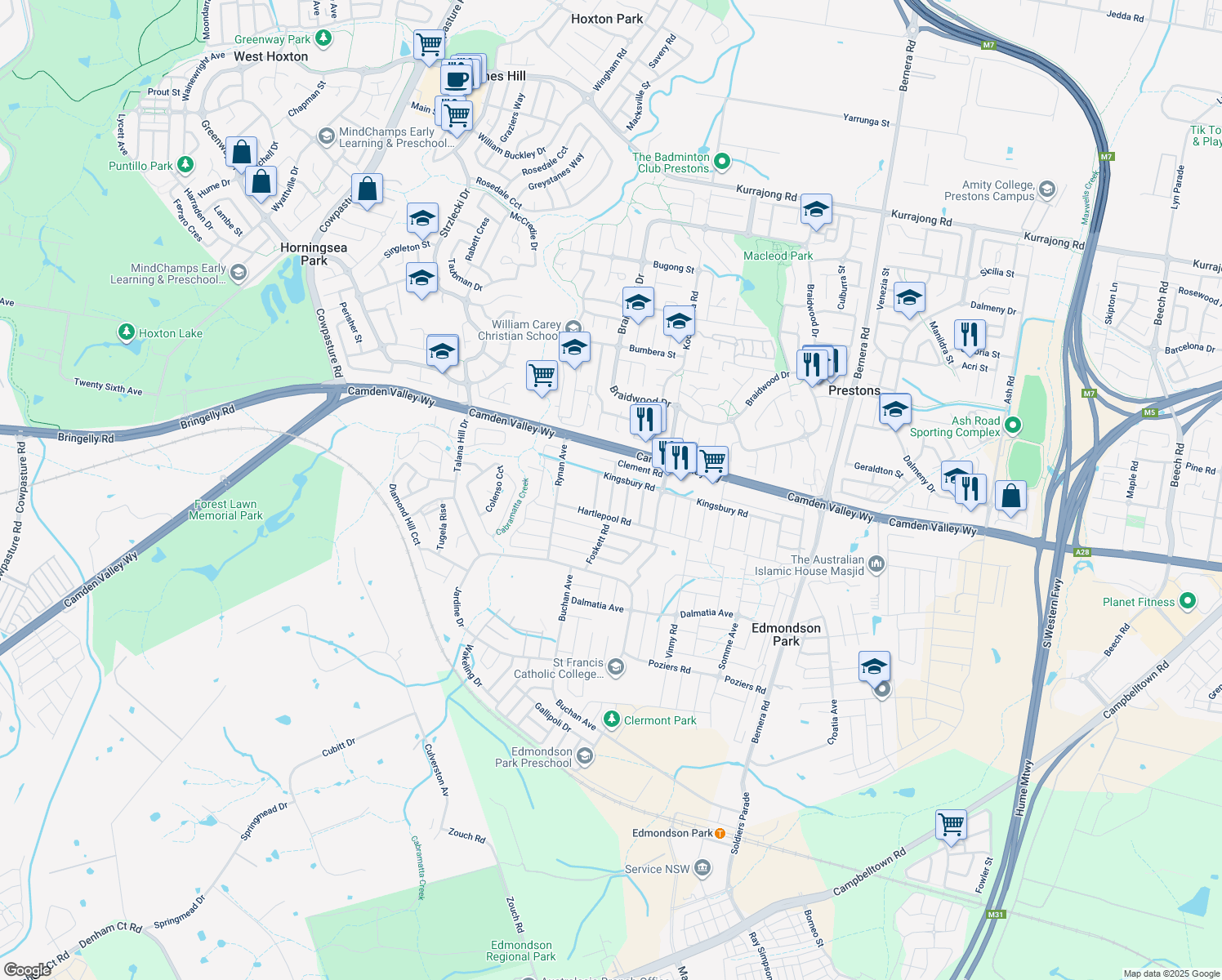 map of restaurants, bars, coffee shops, grocery stores, and more near 9 Freitas Road in Edmondson Park