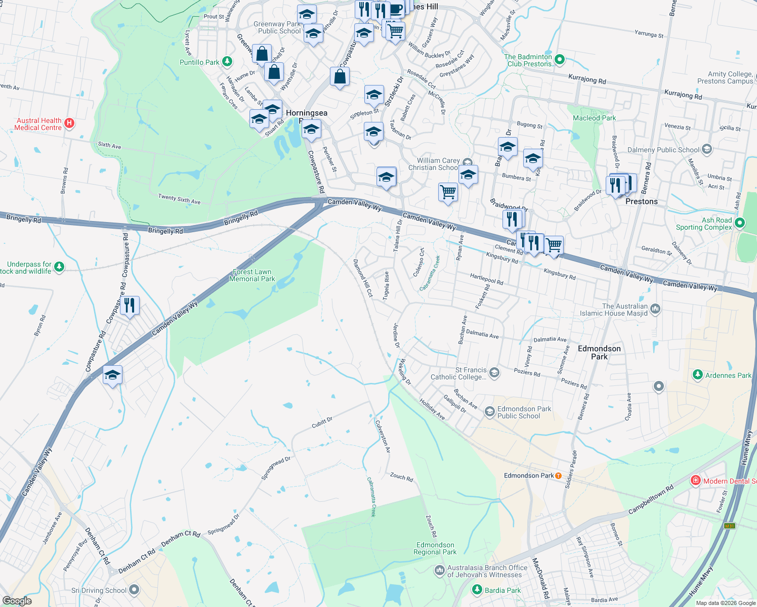 map of restaurants, bars, coffee shops, grocery stores, and more near 131 Diamond Hill Circuit in Edmondson Park