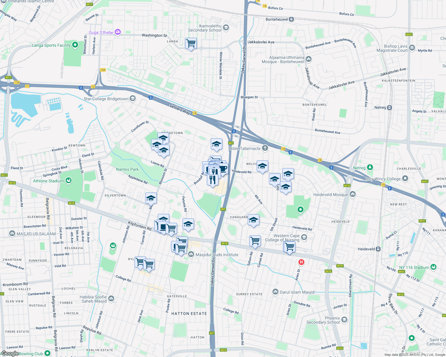 map of restaurants, bars, coffee shops, grocery stores, and more near M7 in Cape Town