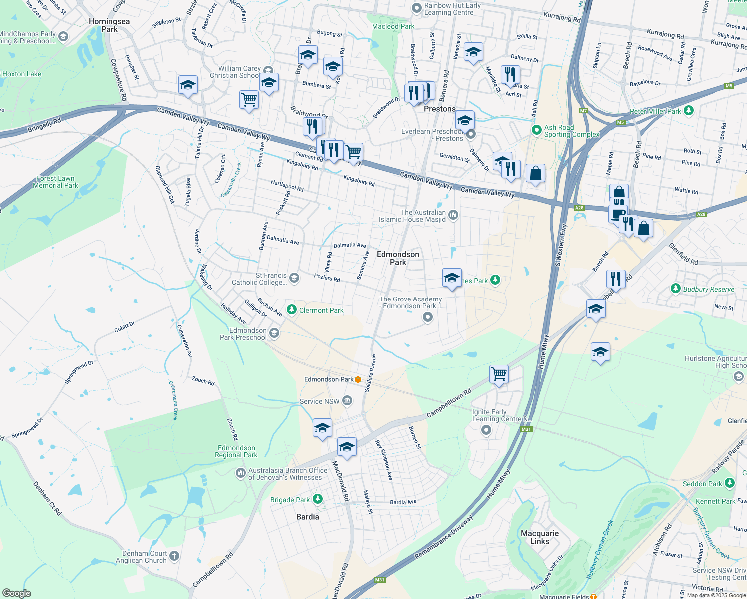 map of restaurants, bars, coffee shops, grocery stores, and more near Wonson Road in Edmondson Park
