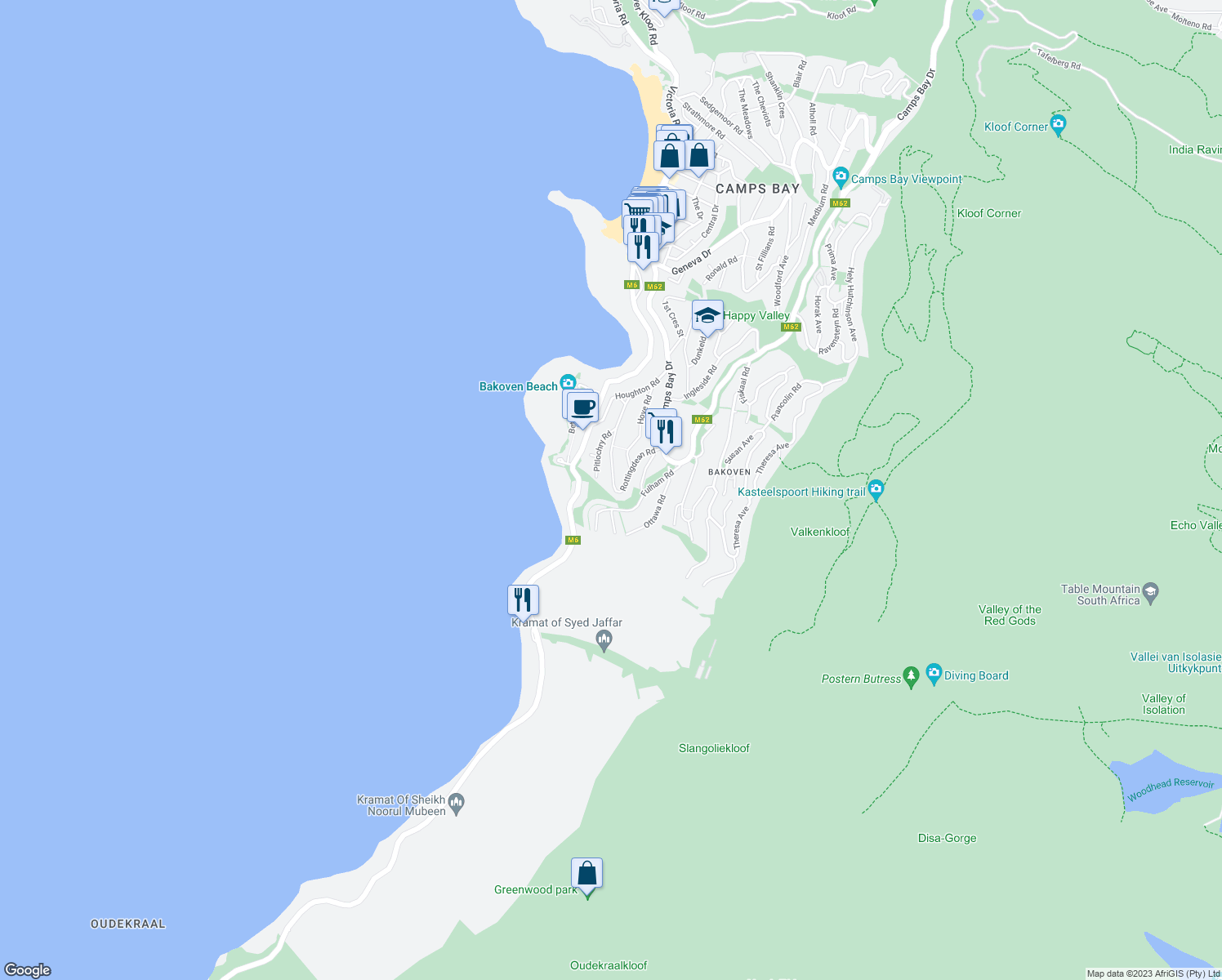 map of restaurants, bars, coffee shops, grocery stores, and more near 40 Rottingdean Road in Cape Town