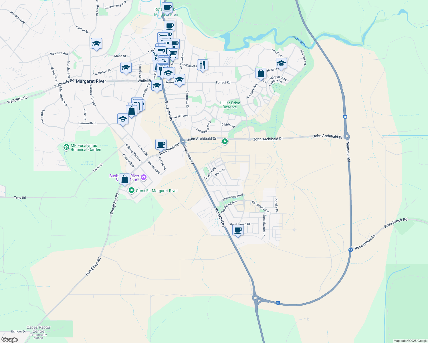 map of restaurants, bars, coffee shops, grocery stores, and more near 22 Tonkin Boulevard in Margaret River