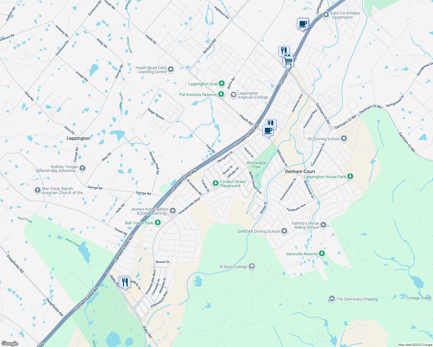 map of restaurants, bars, coffee shops, grocery stores, and more near 14a Konara Street in Leppington