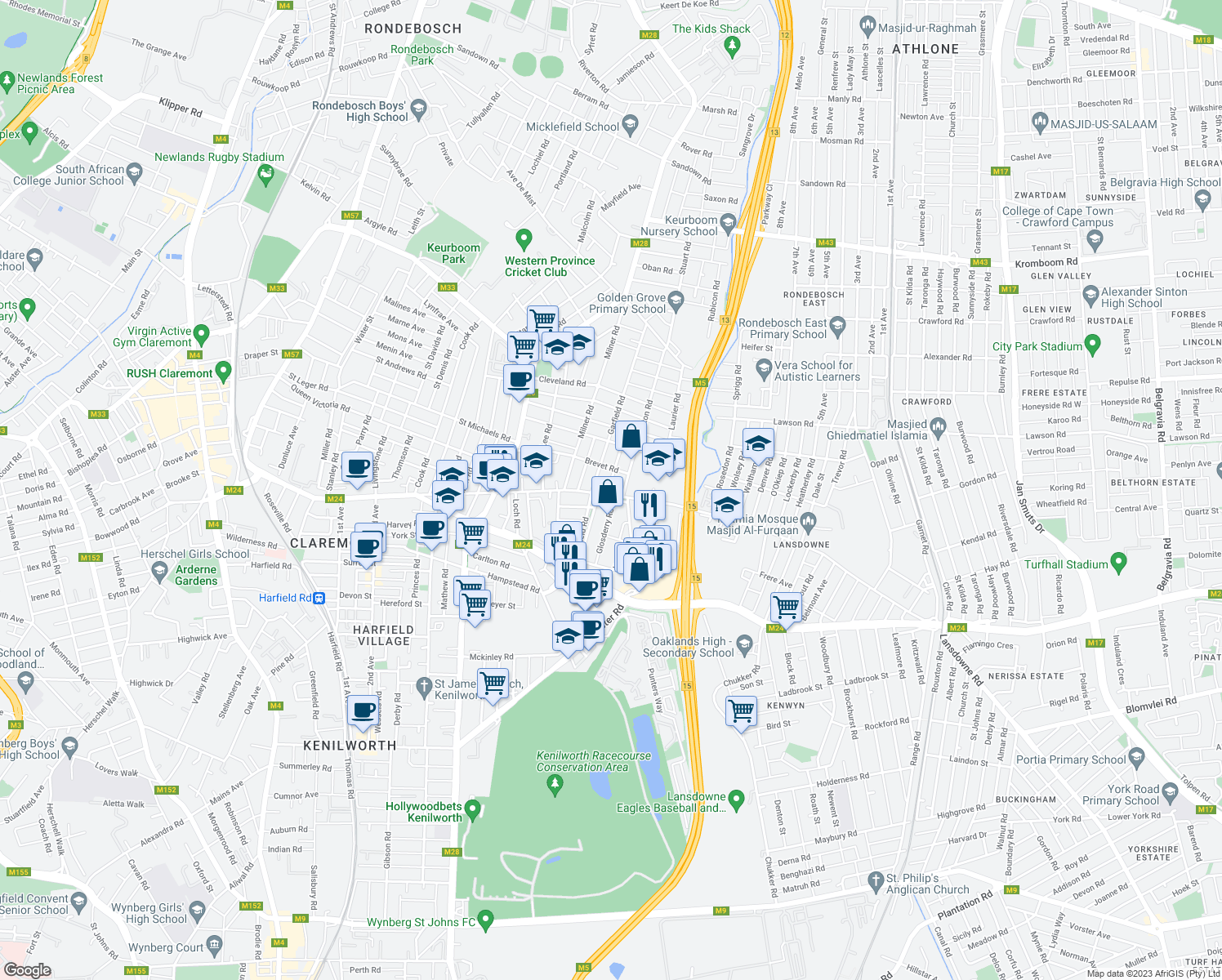 map of restaurants, bars, coffee shops, grocery stores, and more near 255 Imam Haron Road in Cape Town