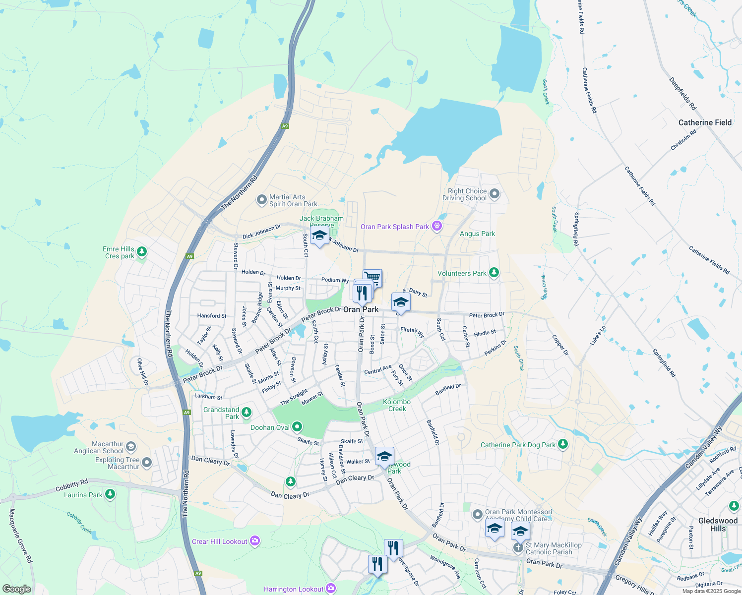 map of restaurants, bars, coffee shops, grocery stores, and more near Peter Brock Drive in Oran Park