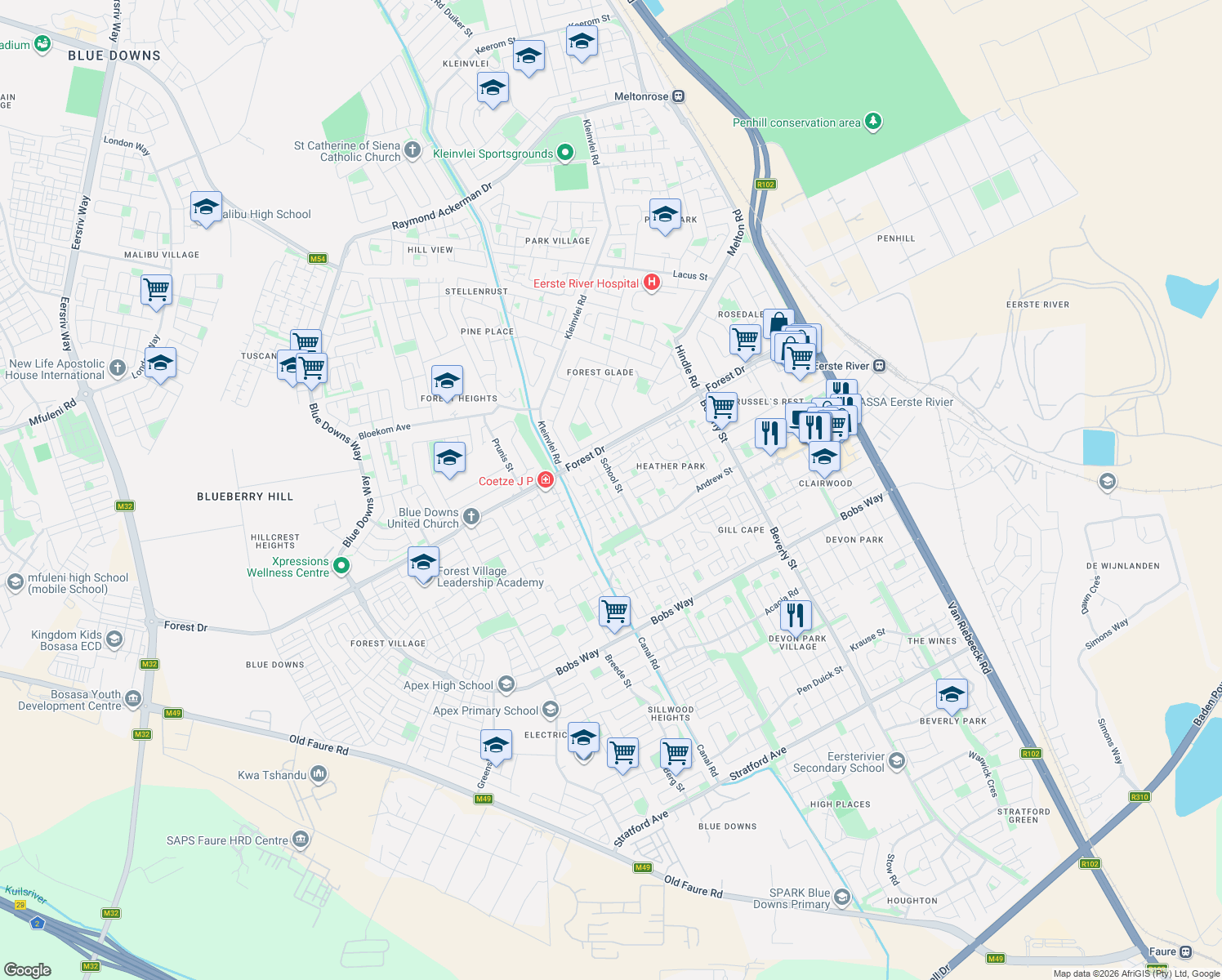 map of restaurants, bars, coffee shops, grocery stores, and more near 43 Circle Road in Cape Town