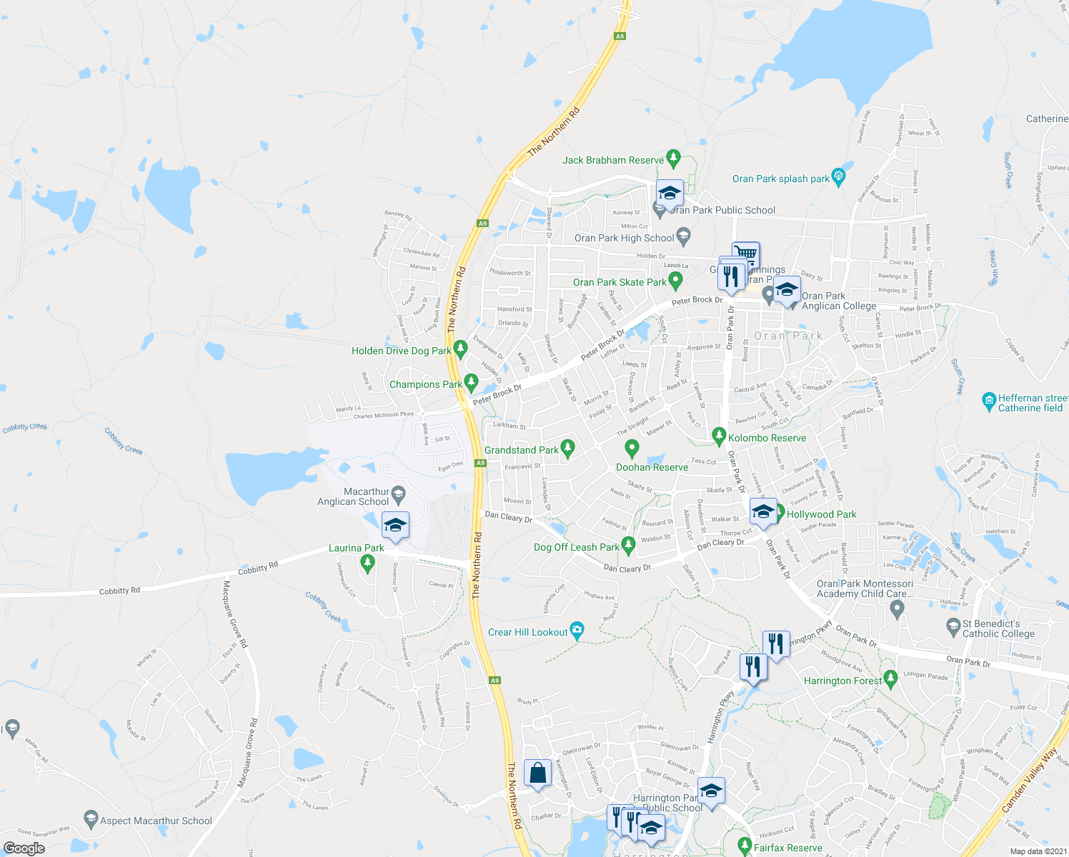 map of restaurants, bars, coffee shops, grocery stores, and more near Larkham Street in Oran Park