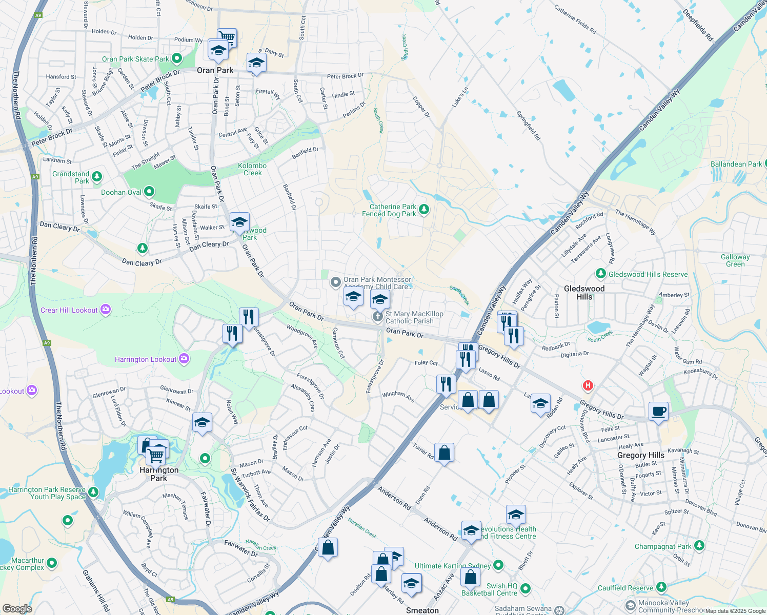 map of restaurants, bars, coffee shops, grocery stores, and more near Oran Park Drive in Oran Park