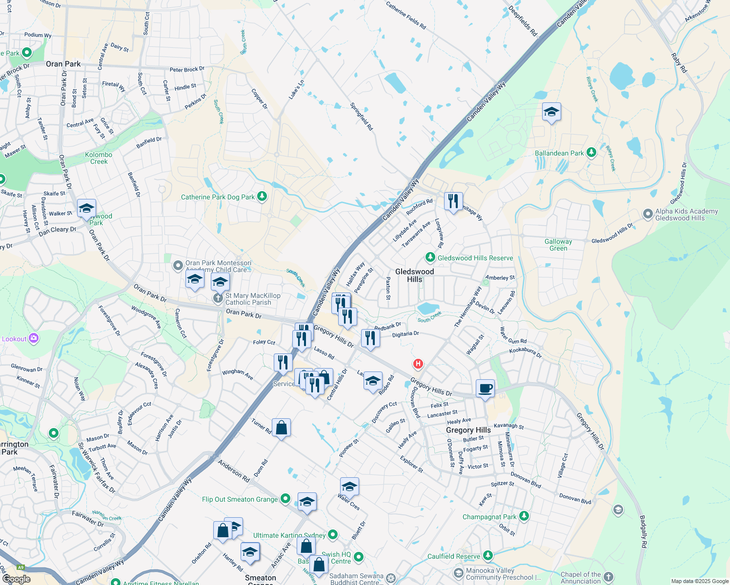 map of restaurants, bars, coffee shops, grocery stores, and more near 25 Downing Way in Gledswood Hills