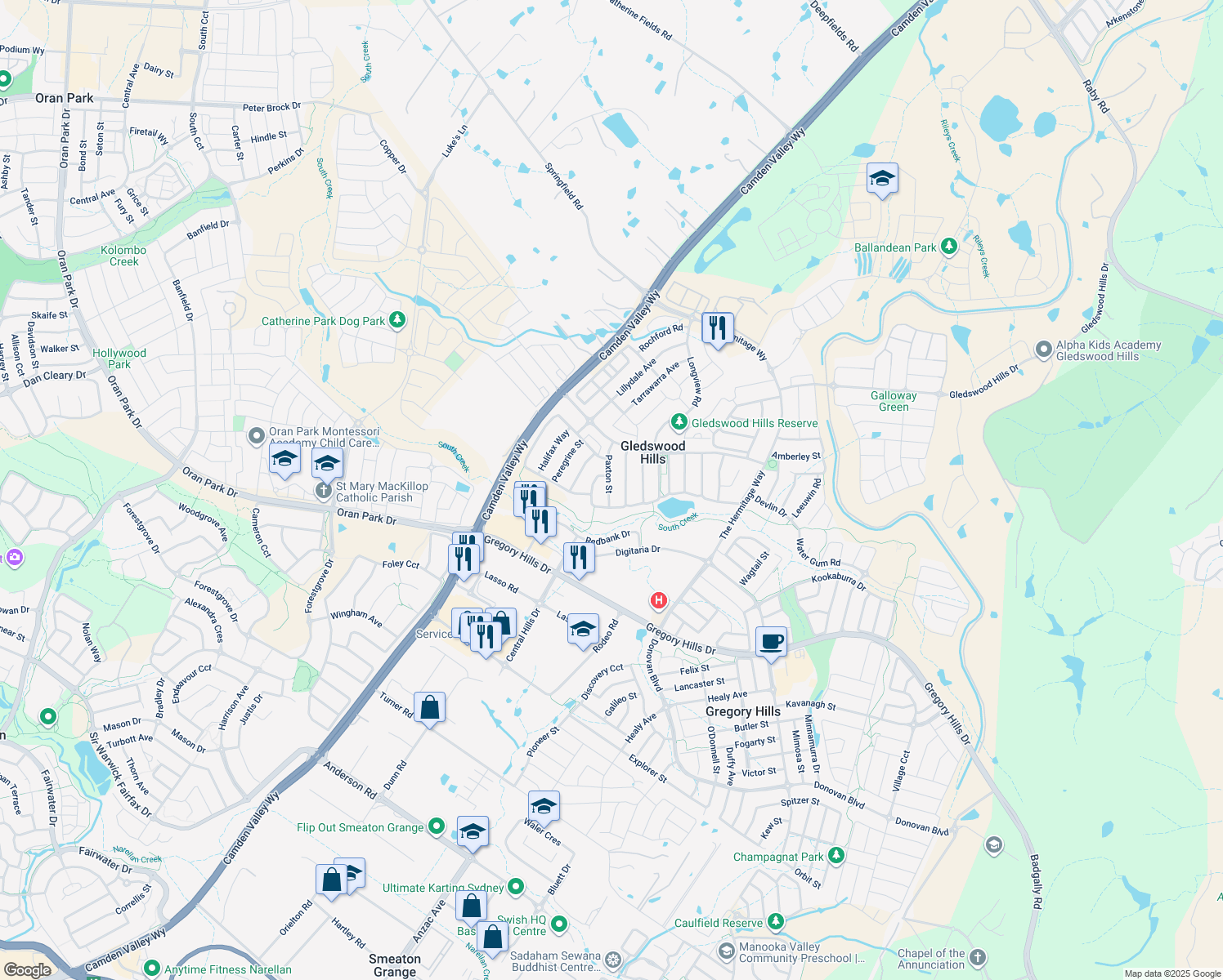 map of restaurants, bars, coffee shops, grocery stores, and more near 8 Paxton Street in Gledswood Hills