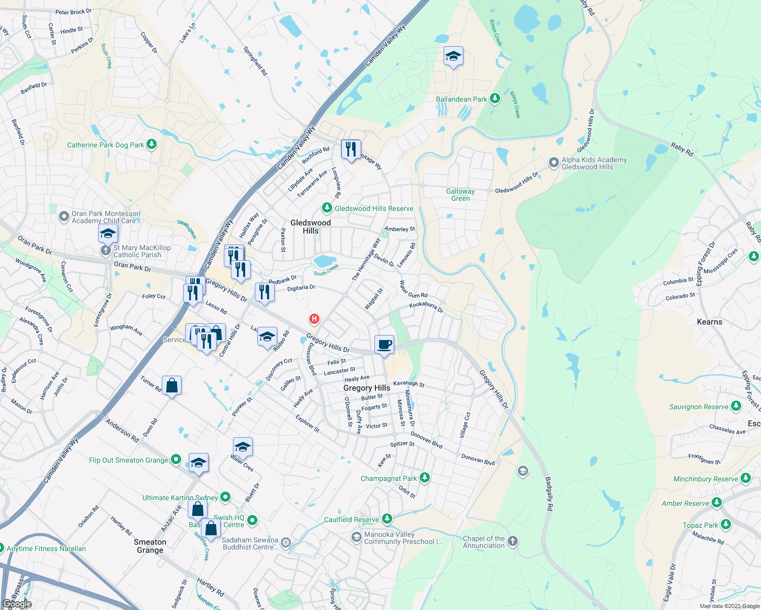 map of restaurants, bars, coffee shops, grocery stores, and more near 17 Whistler Street in Gregory Hills
