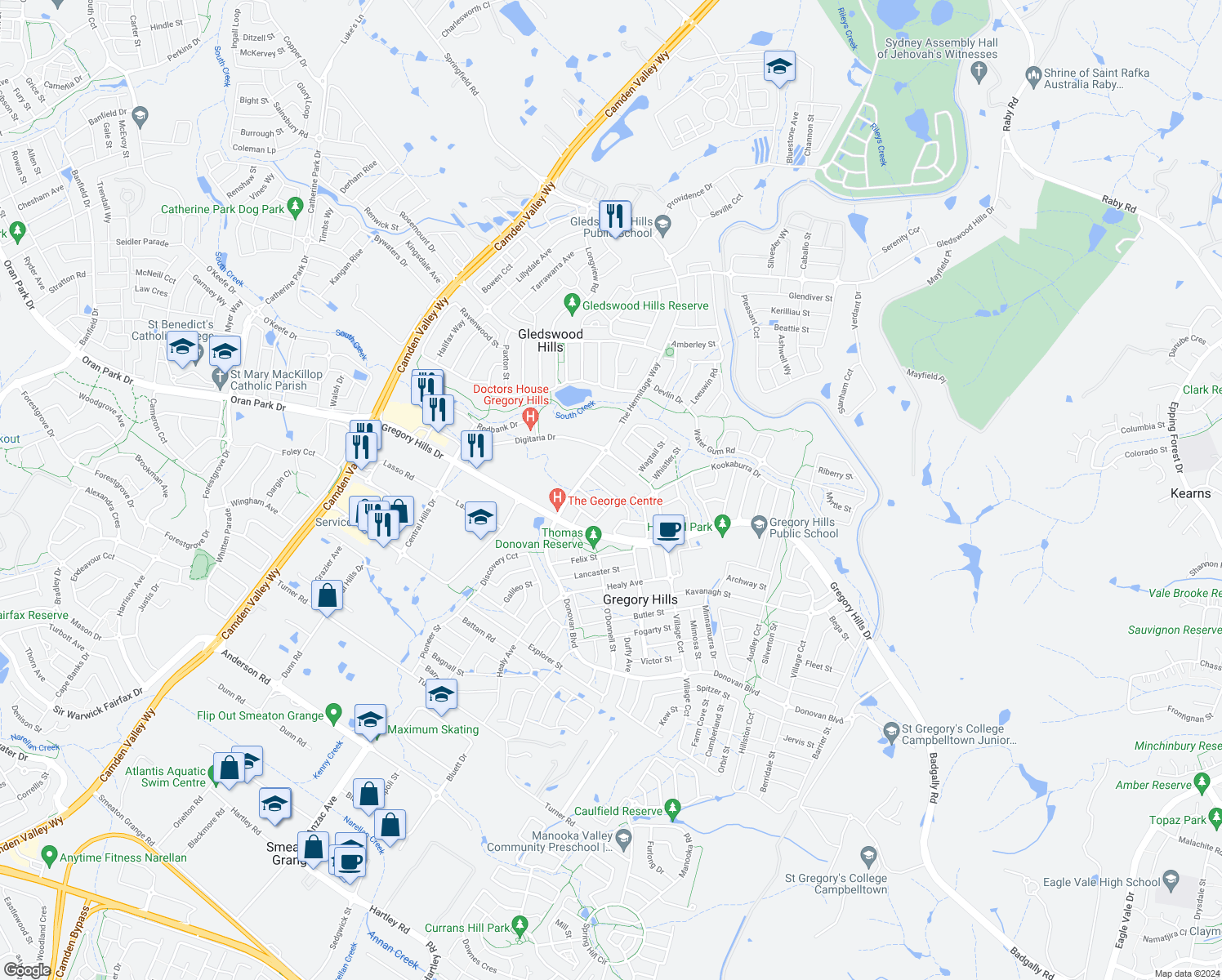 map of restaurants, bars, coffee shops, grocery stores, and more near 19 Xanadu Street in Gledswood Hills