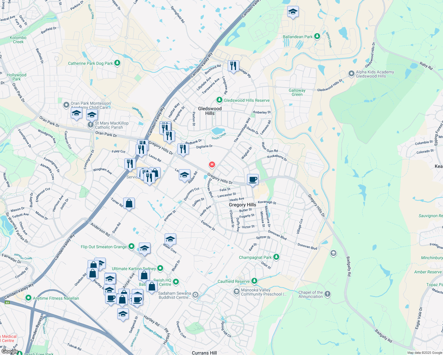 map of restaurants, bars, coffee shops, grocery stores, and more near 6 Whitfield Street in Gledswood Hills