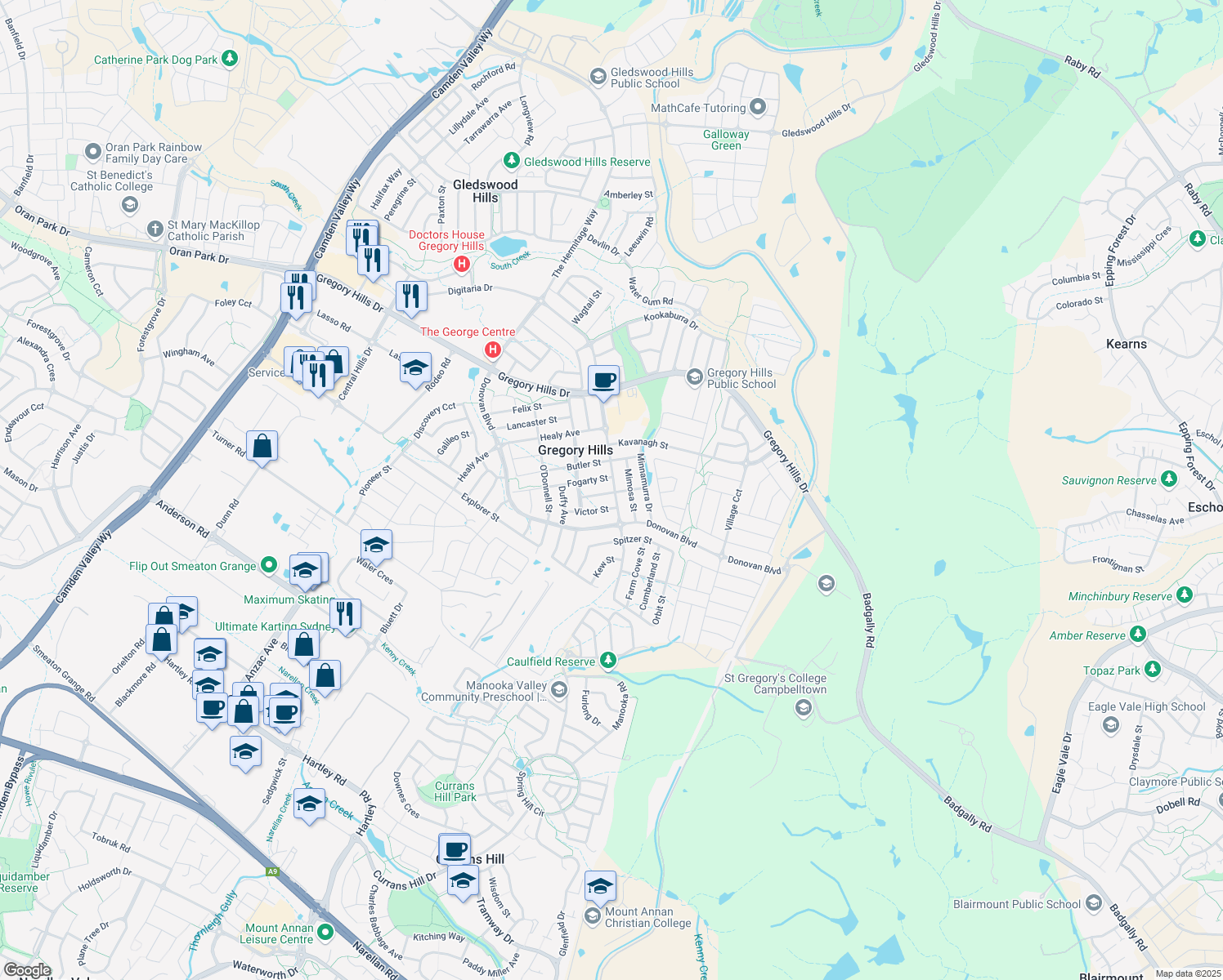 map of restaurants, bars, coffee shops, grocery stores, and more near 102 Village Circuit in Gregory Hills