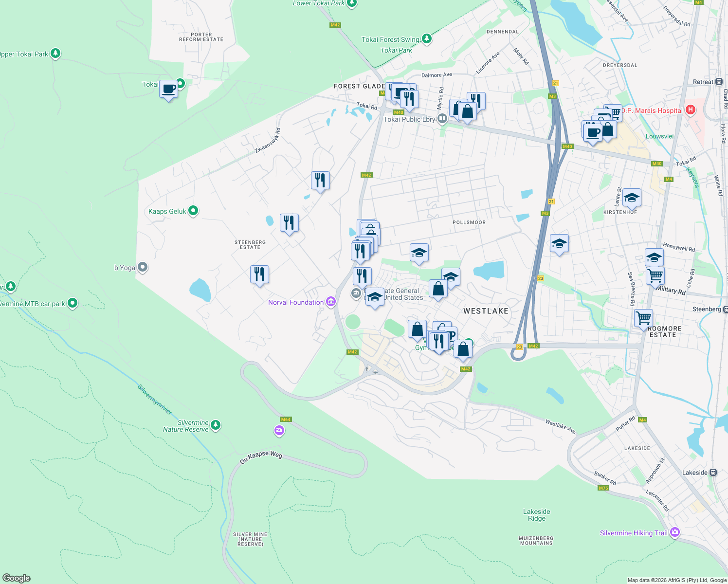 map of restaurants, bars, coffee shops, grocery stores, and more near Reddam Avenue in Cape Town