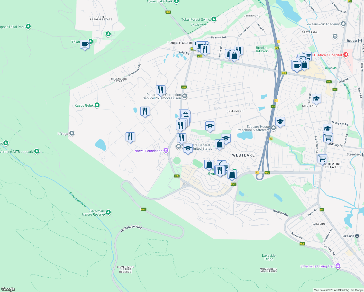 map of restaurants, bars, coffee shops, grocery stores, and more near Reddam Avenue in Cape Town