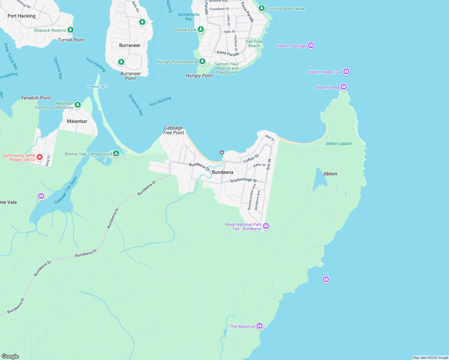 map of restaurants, bars, coffee shops, grocery stores, and more near 60 Brighton Street in Bundeena
