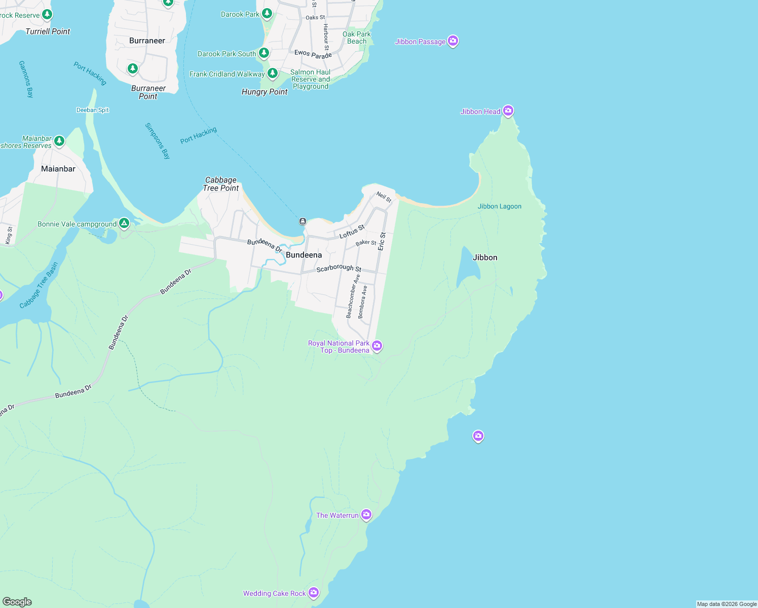 map of restaurants, bars, coffee shops, grocery stores, and more near 112 Eric Street in Bundeena