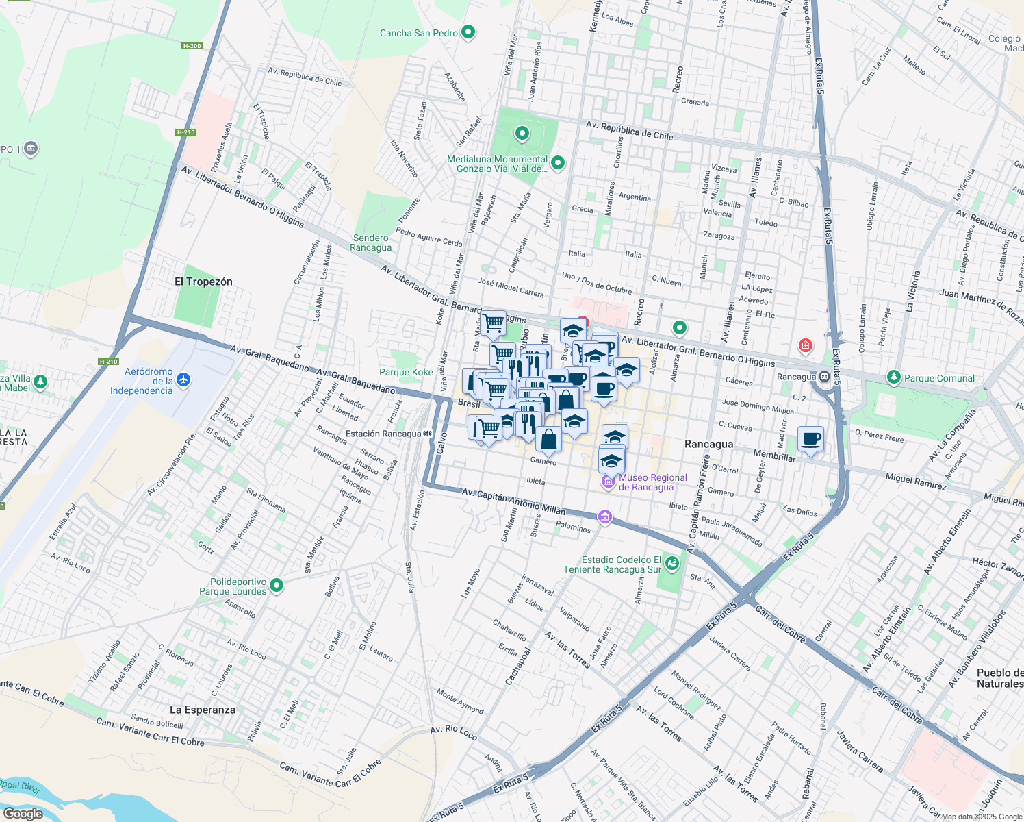 map of restaurants, bars, coffee shops, grocery stores, and more near 912 Brasil in Rancagua
