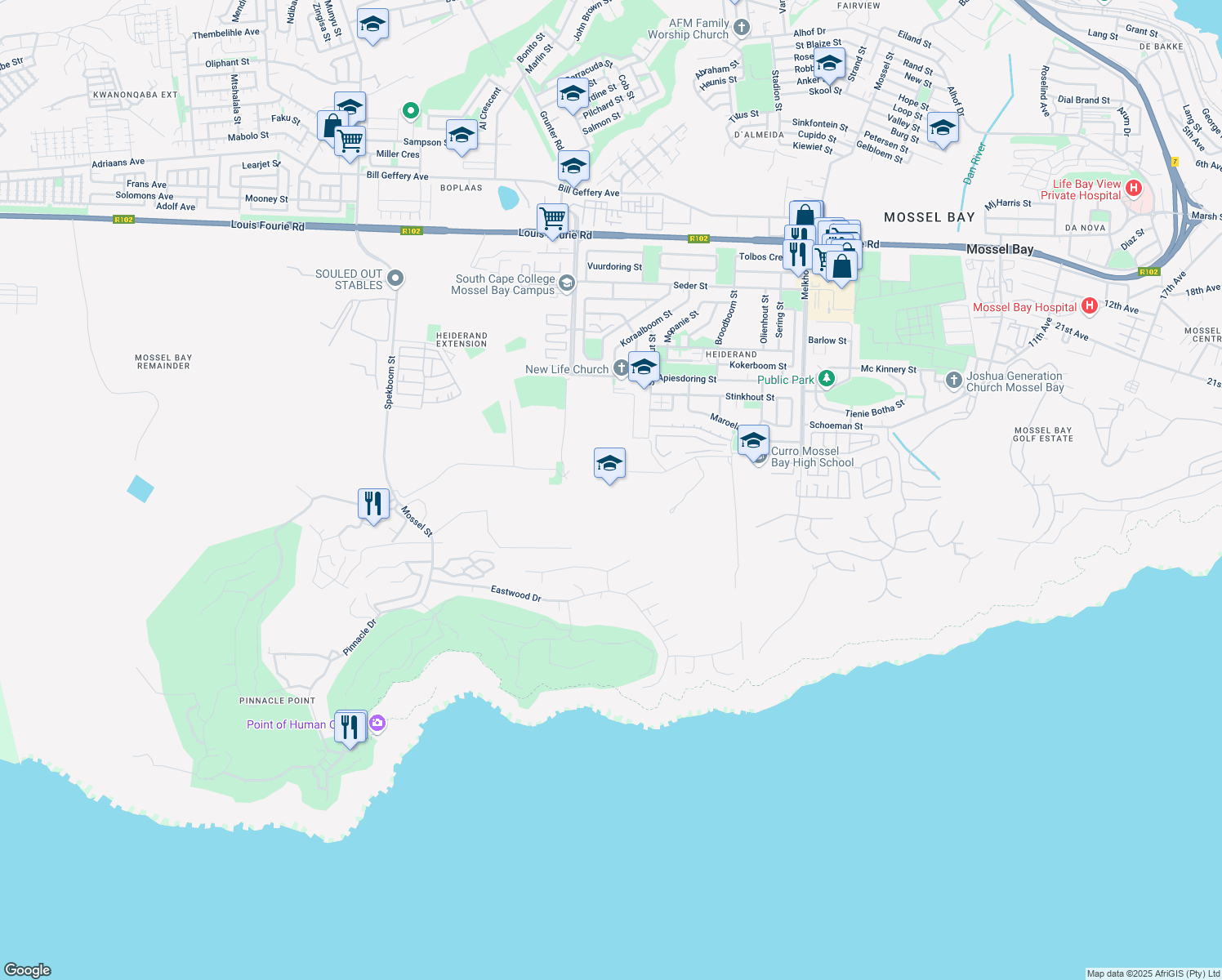 map of restaurants, bars, coffee shops, grocery stores, and more near Seemeeu Road in Mossel Bay
