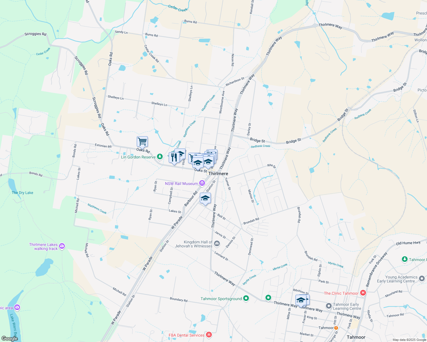 map of restaurants, bars, coffee shops, grocery stores, and more near Jarvis Street in Thirlmere