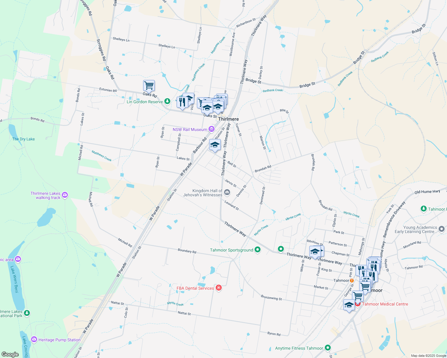 map of restaurants, bars, coffee shops, grocery stores, and more near Jarvis Street in Thirlmere