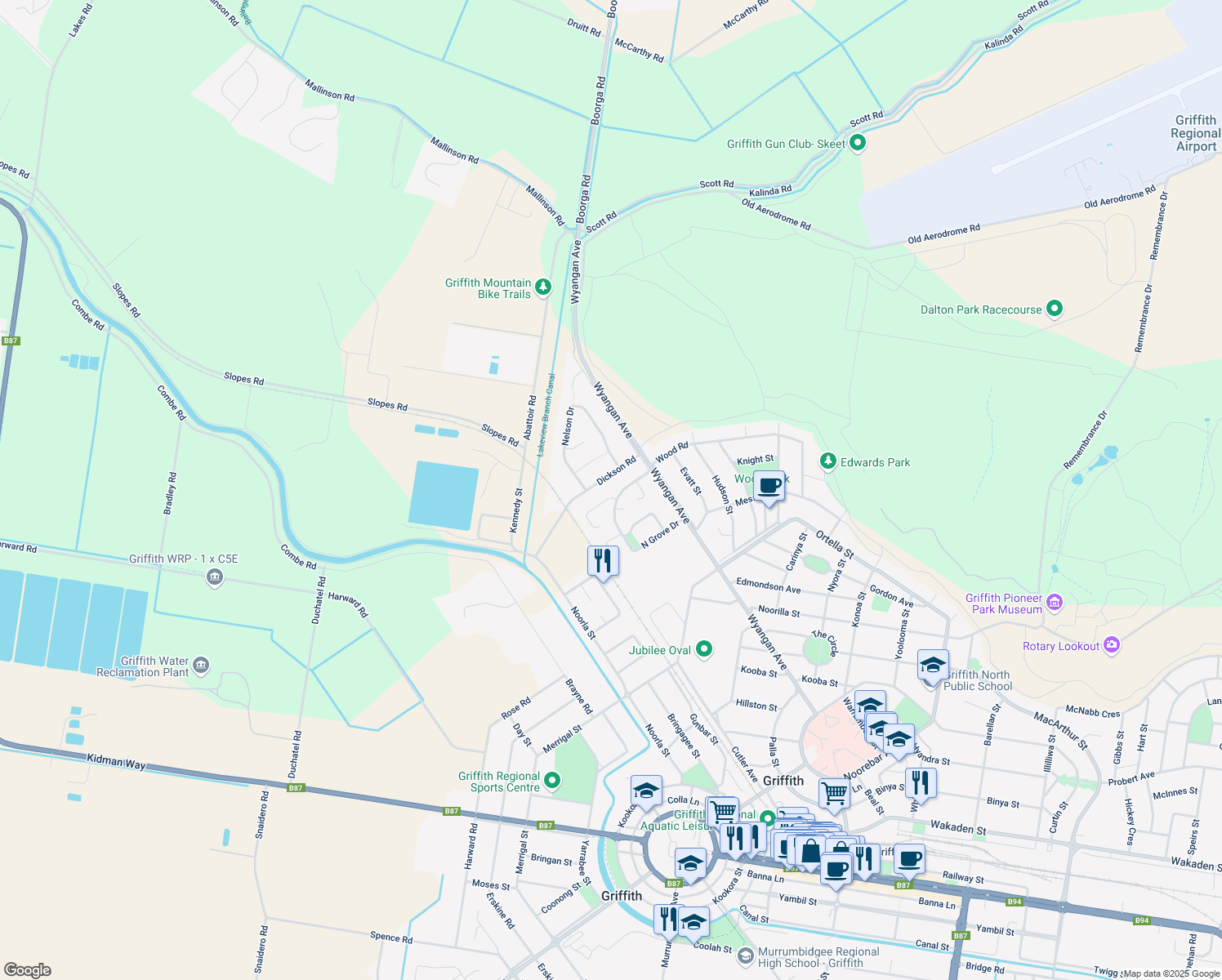 map of restaurants, bars, coffee shops, grocery stores, and more near LOT 84 Robrick Close in Griffith