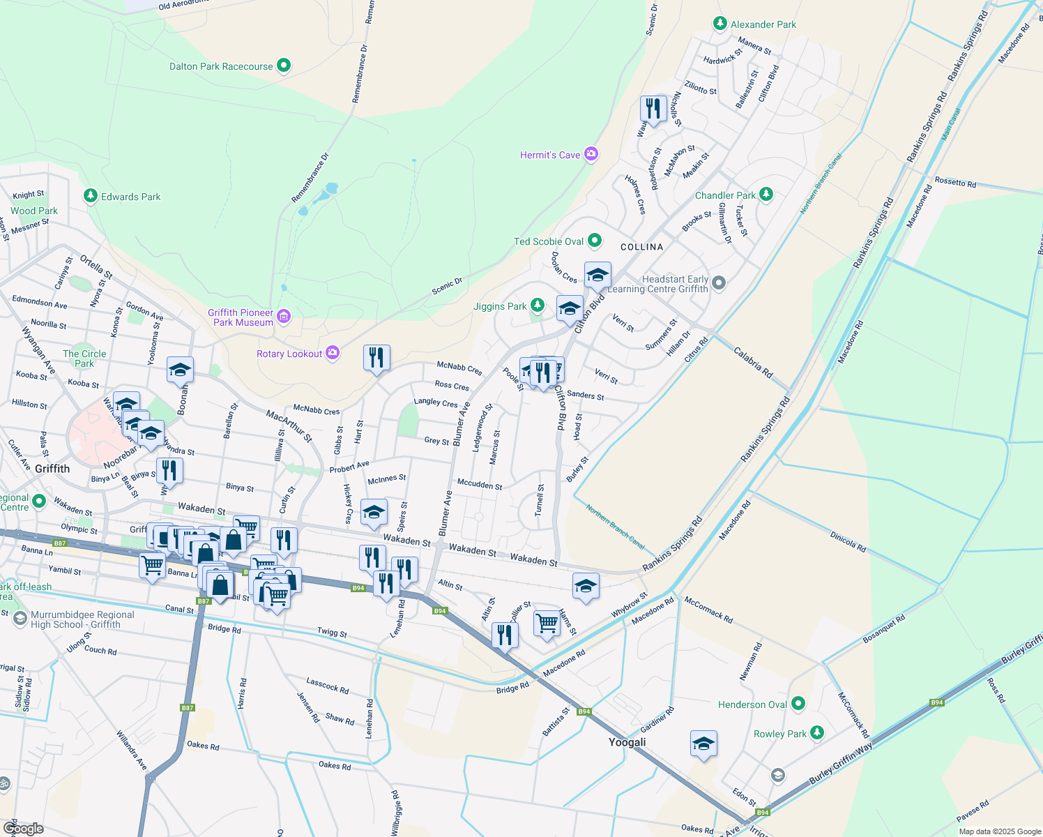 map of restaurants, bars, coffee shops, grocery stores, and more near Poole Street in Griffith