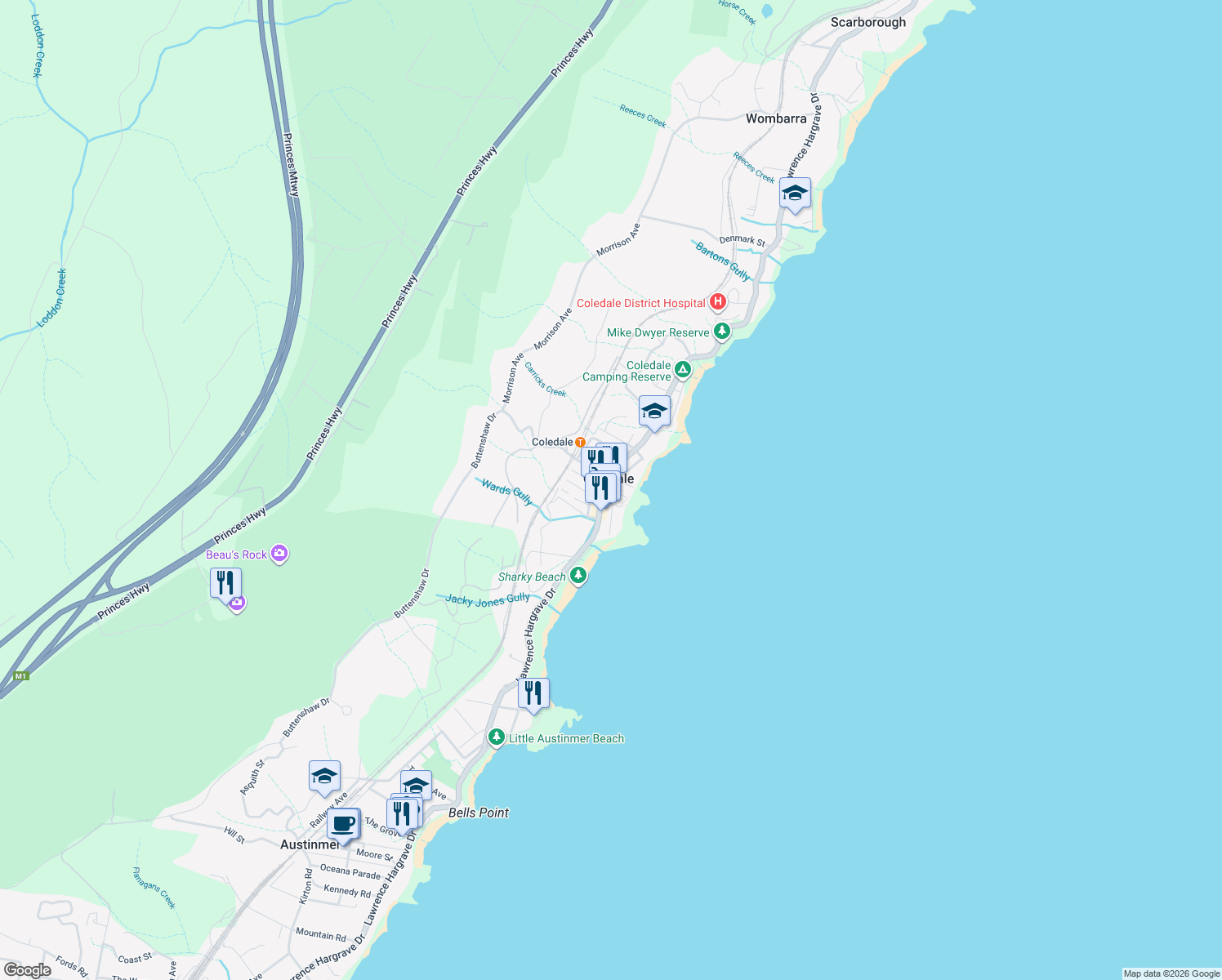 map of restaurants, bars, coffee shops, grocery stores, and more near 737 Lawrence Hargrave Drive in Coledale