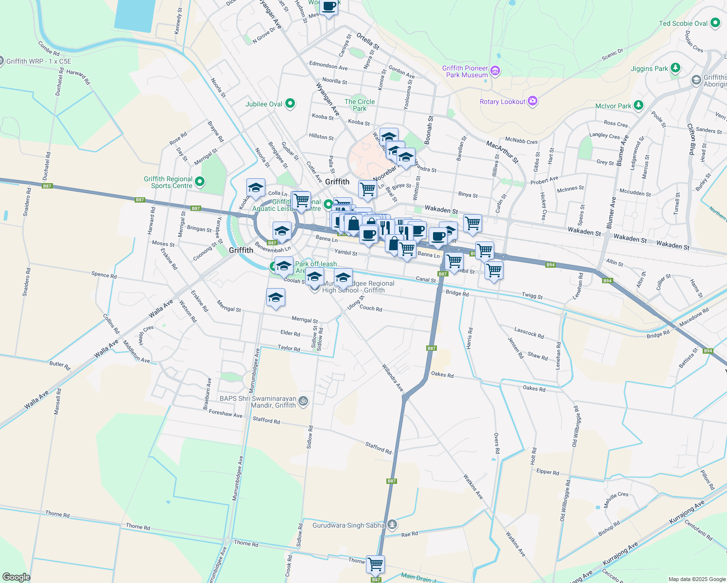 map of restaurants, bars, coffee shops, grocery stores, and more near Coolah Street in Griffith