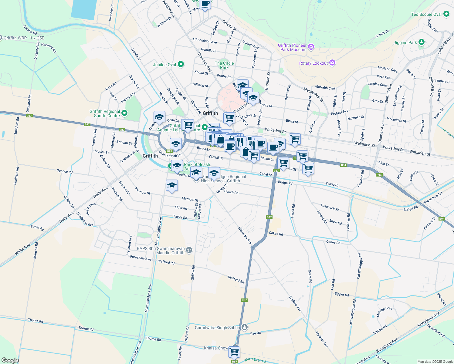 map of restaurants, bars, coffee shops, grocery stores, and more near Coolah Street in Griffith