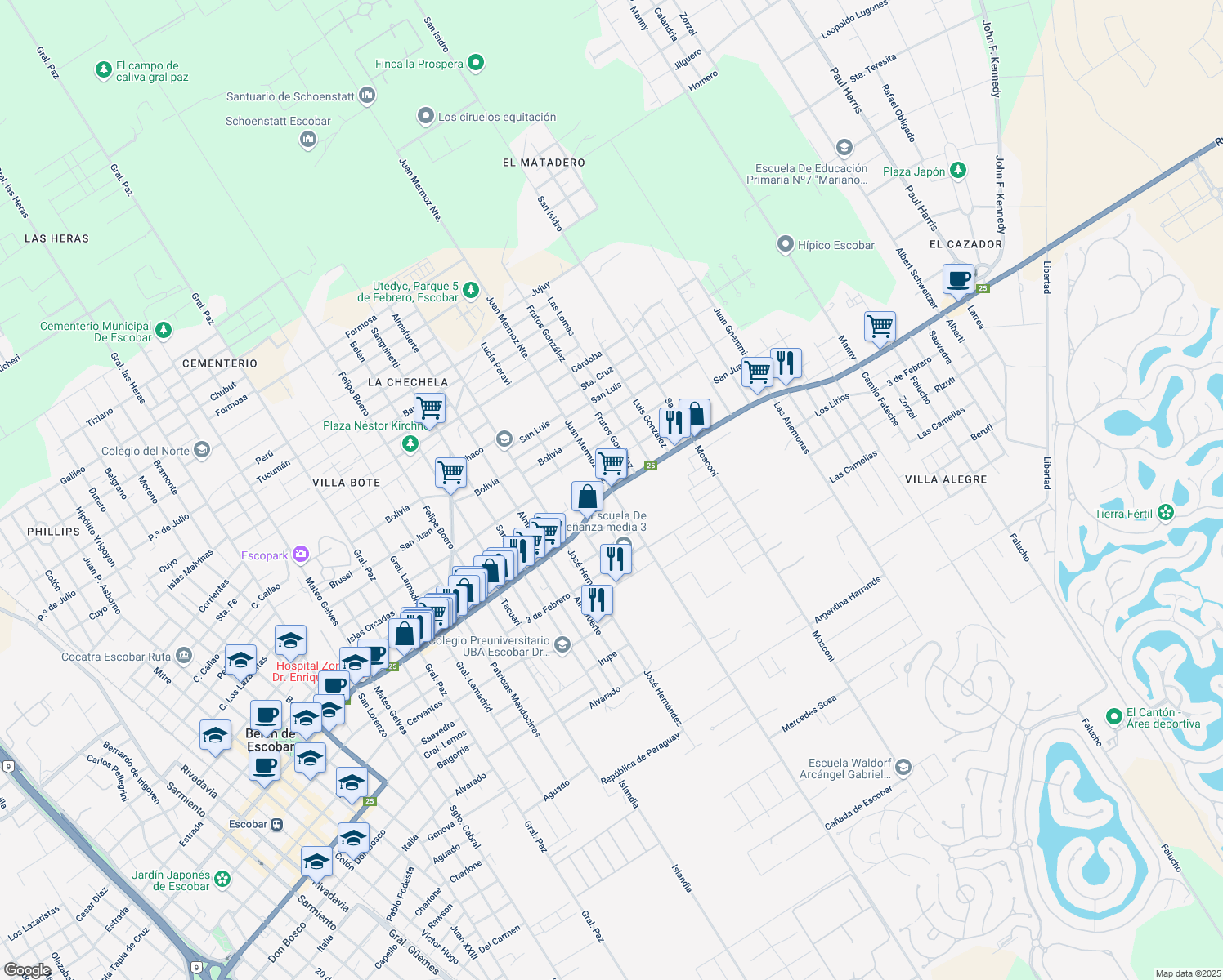 map of restaurants, bars, coffee shops, grocery stores, and more near Avenida General San Martín in Belén de Escobar