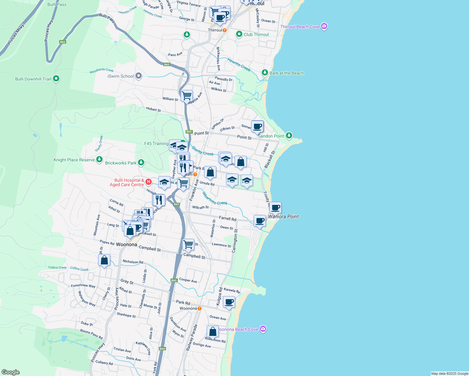 map of restaurants, bars, coffee shops, grocery stores, and more near Ursula Road in Bulli