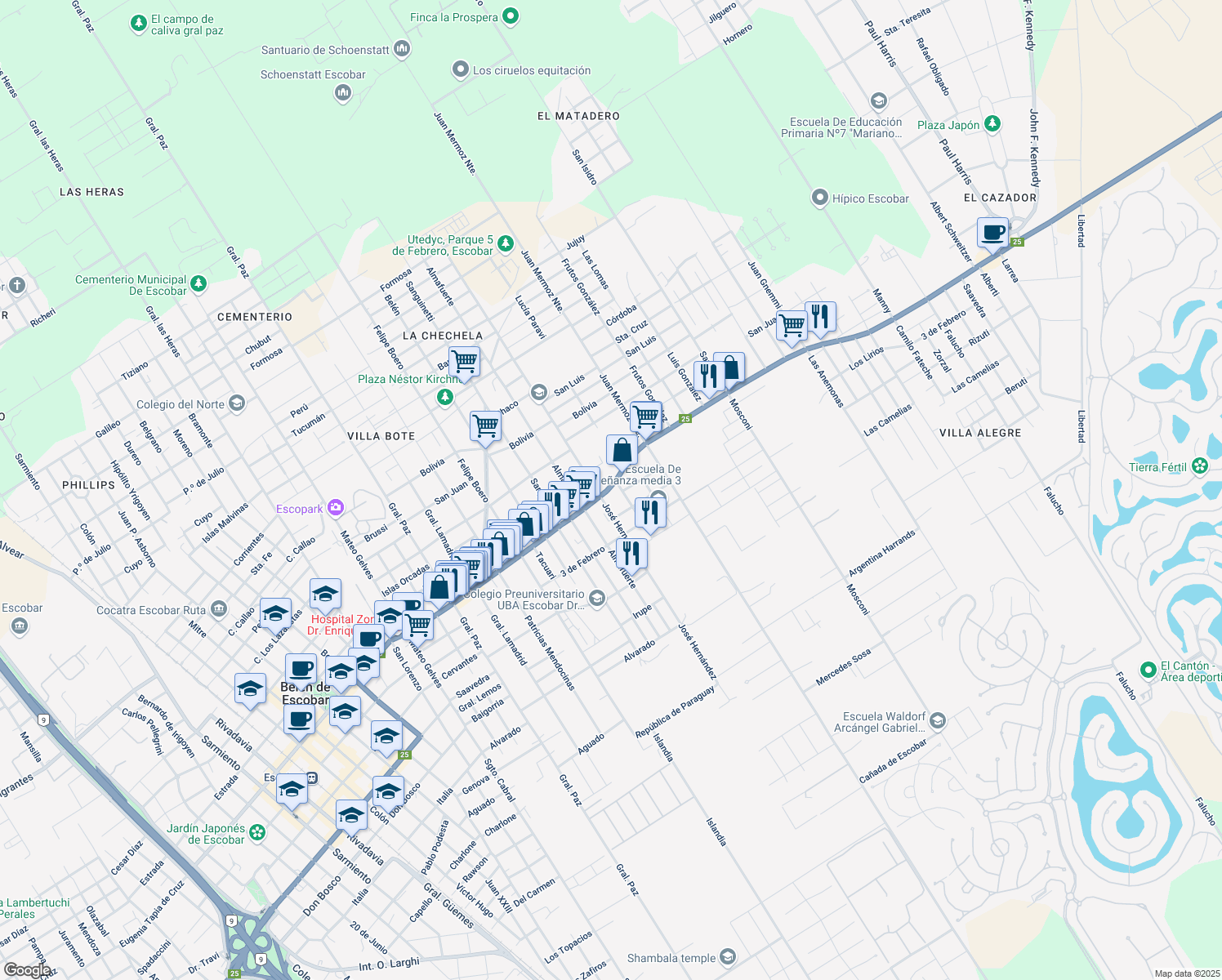 map of restaurants, bars, coffee shops, grocery stores, and more near Avenida General San Martín in Belén de Escobar