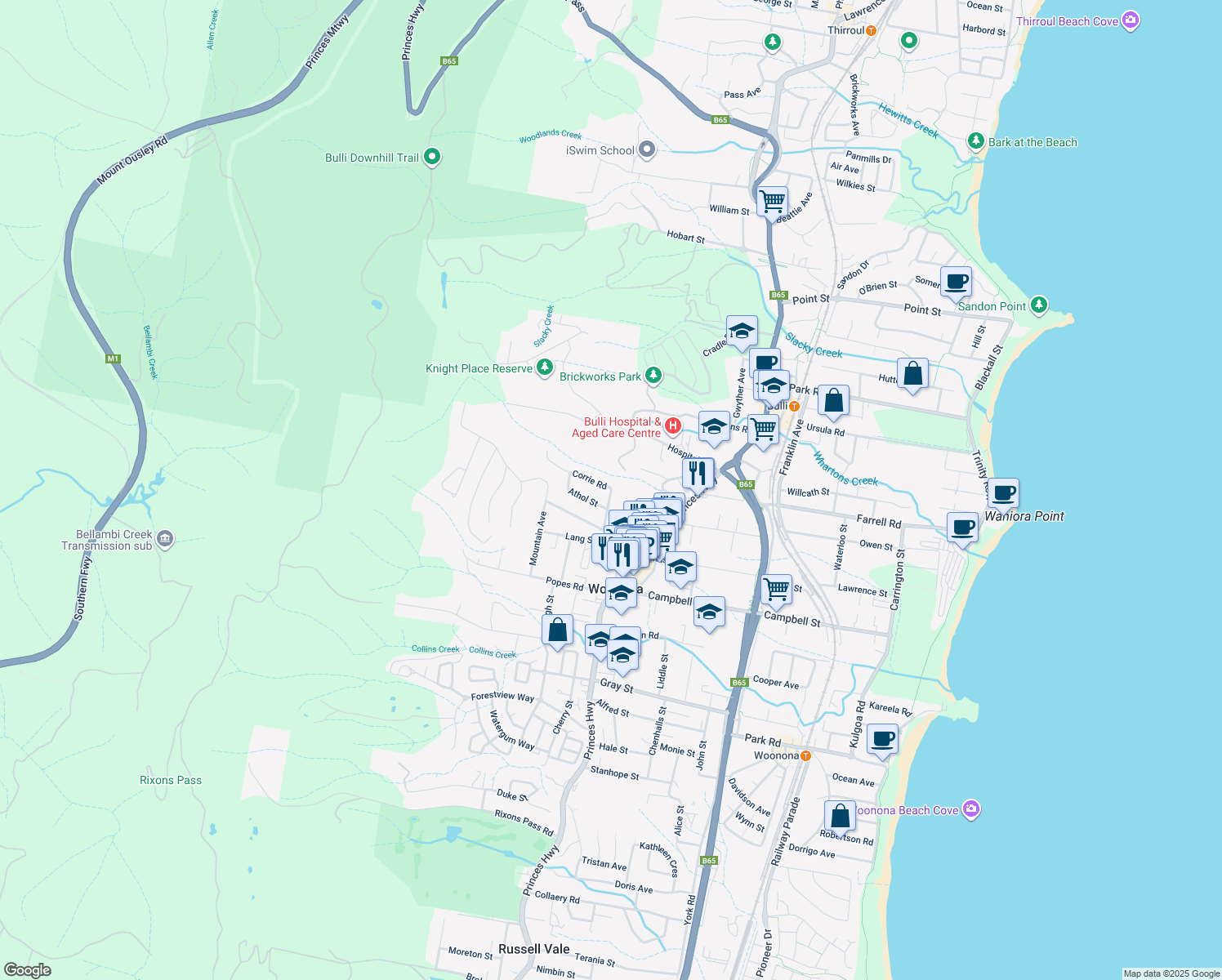 map of restaurants, bars, coffee shops, grocery stores, and more near McKinnon Street in Bulli