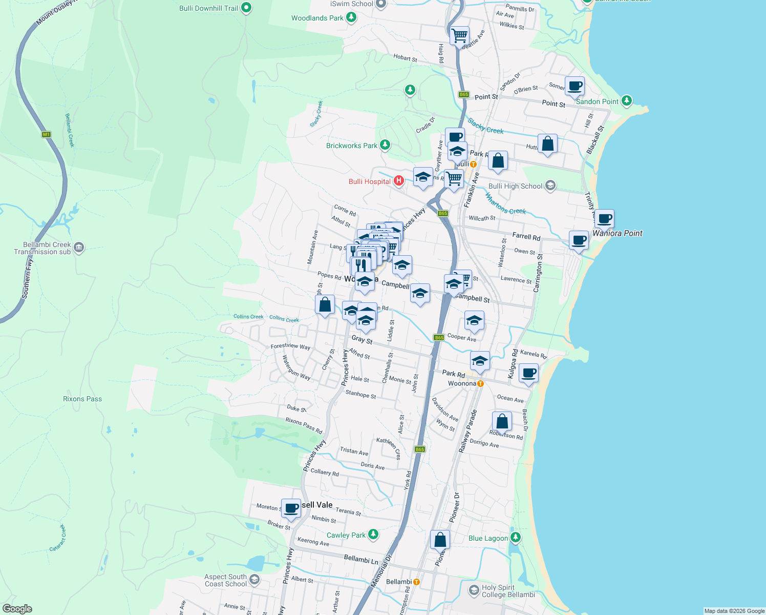 map of restaurants, bars, coffee shops, grocery stores, and more near Nicholson Road in Woonona