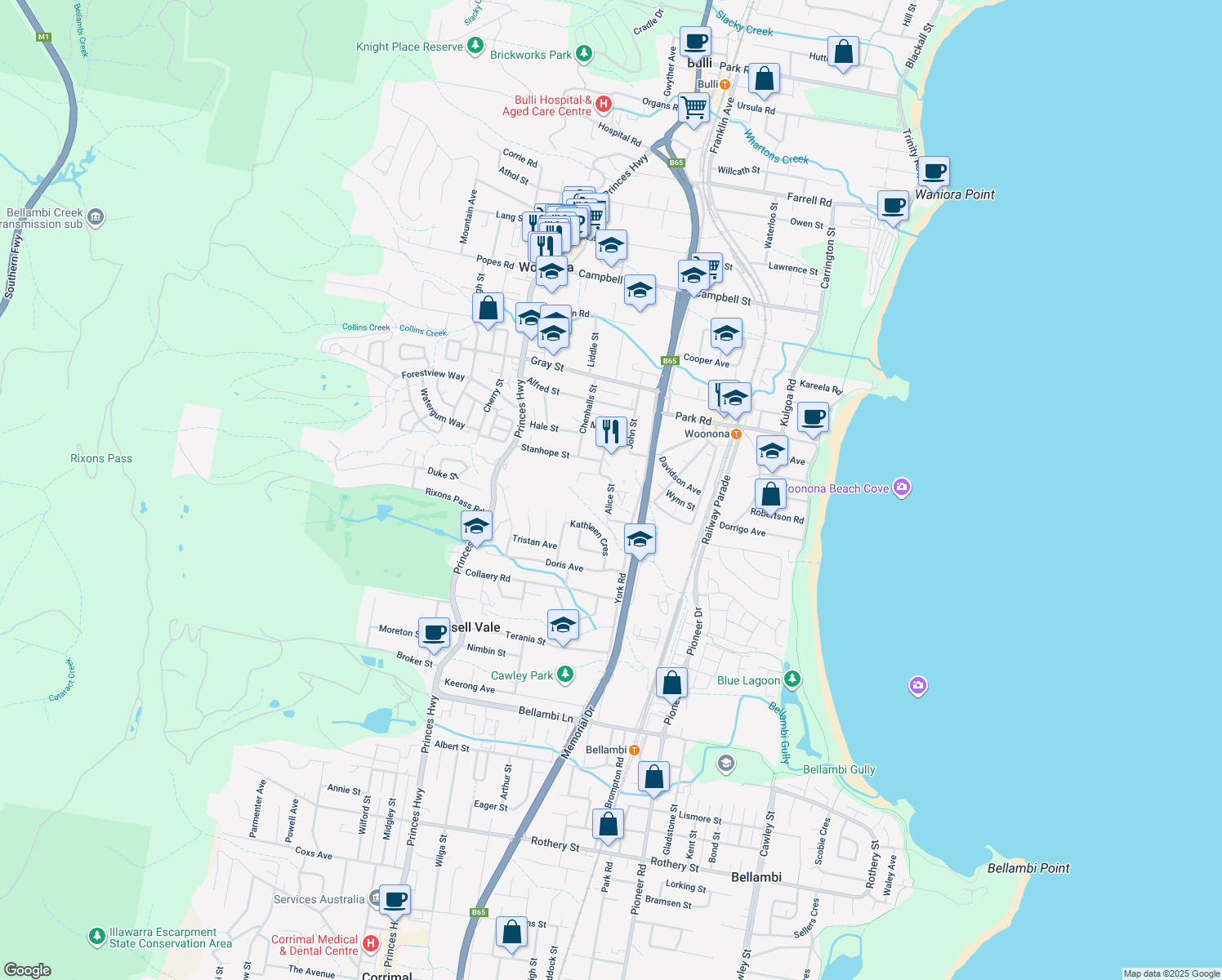 map of restaurants, bars, coffee shops, grocery stores, and more near Alice Street in Woonona