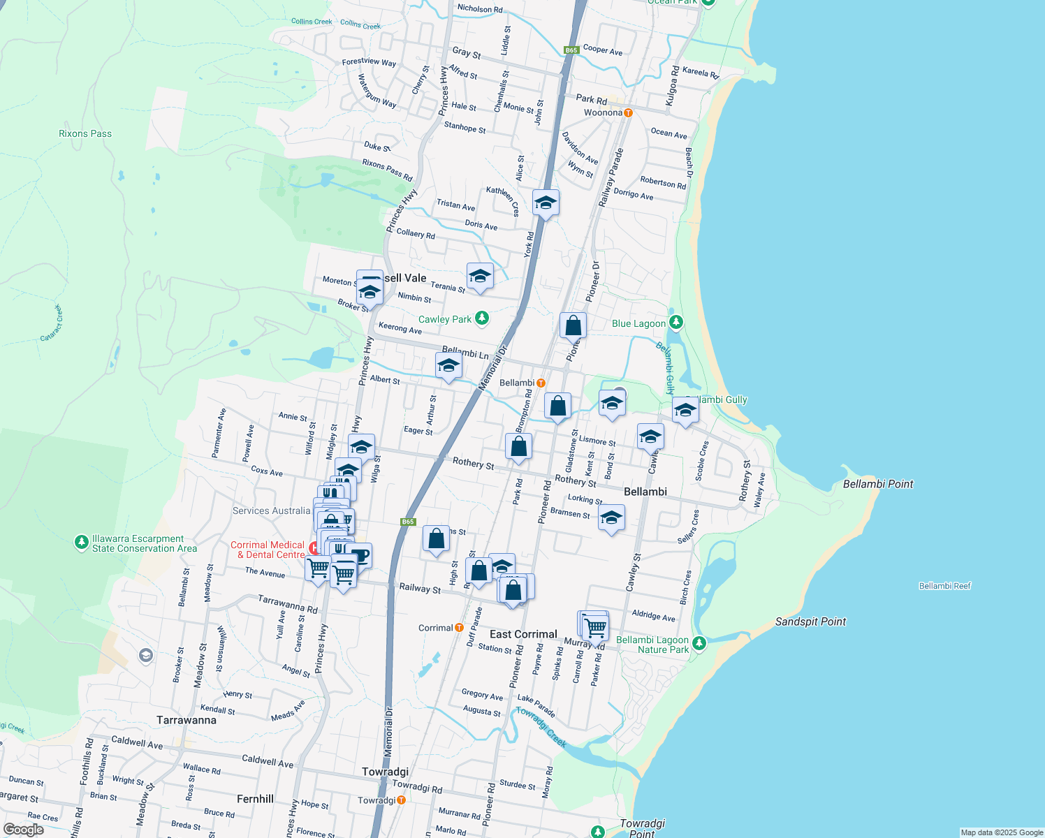 map of restaurants, bars, coffee shops, grocery stores, and more near Brompton Road in City of Wollongong